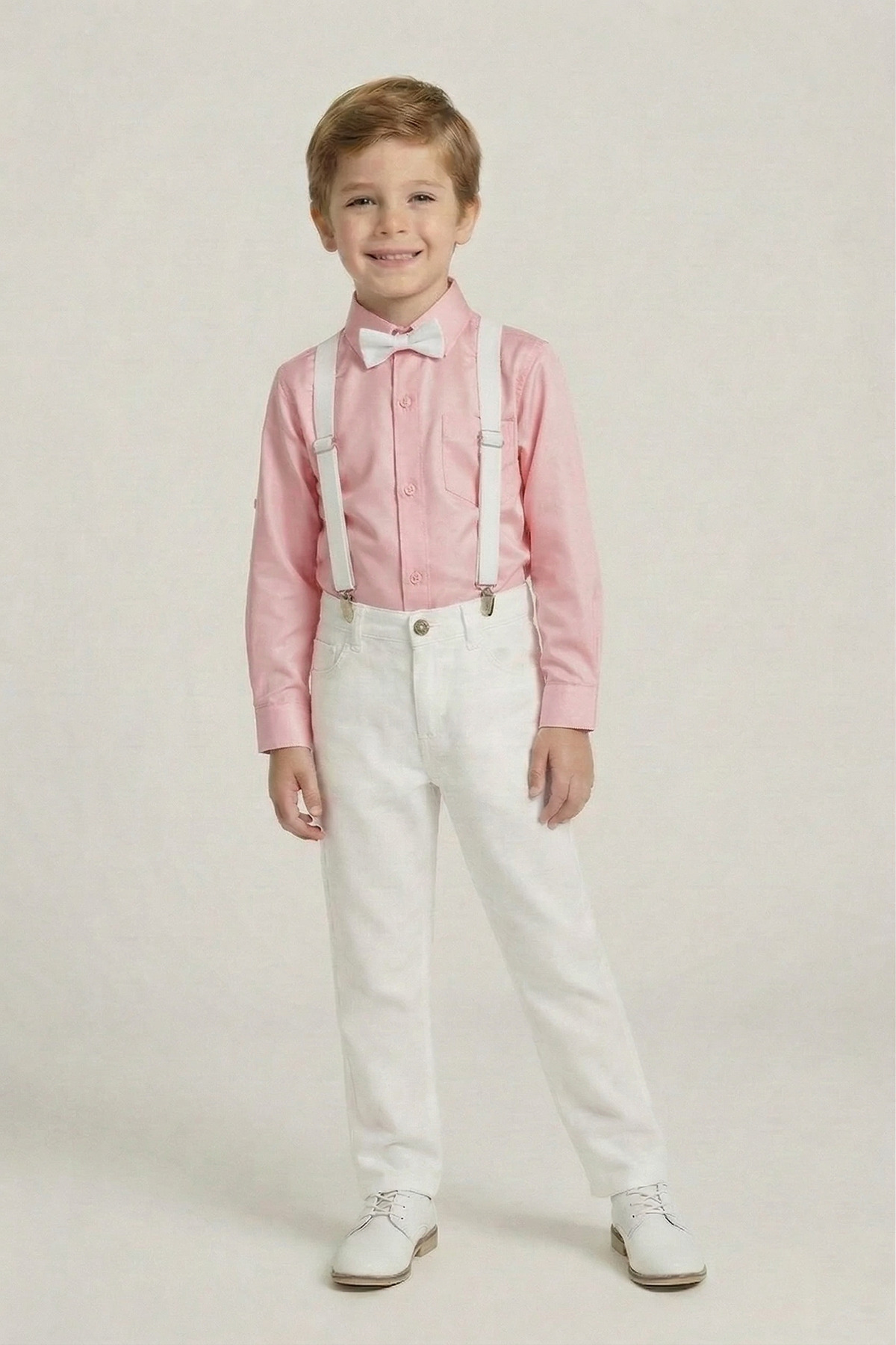 Boys Pink Long Sleeve Dacron Shirt White Pants White Strap Bow Tie Set 23 April 29 October