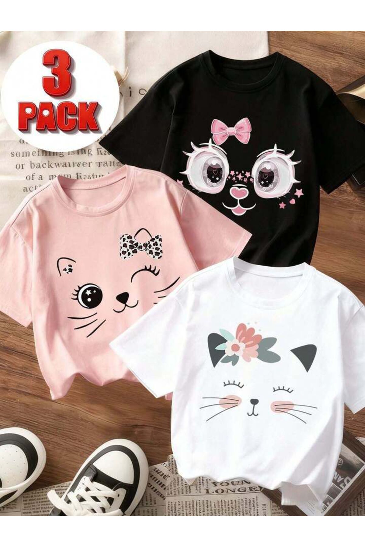 Girl 3-Pack Cat Faces Printed Combed Cotton T-Shirt(Pink-Black-White)