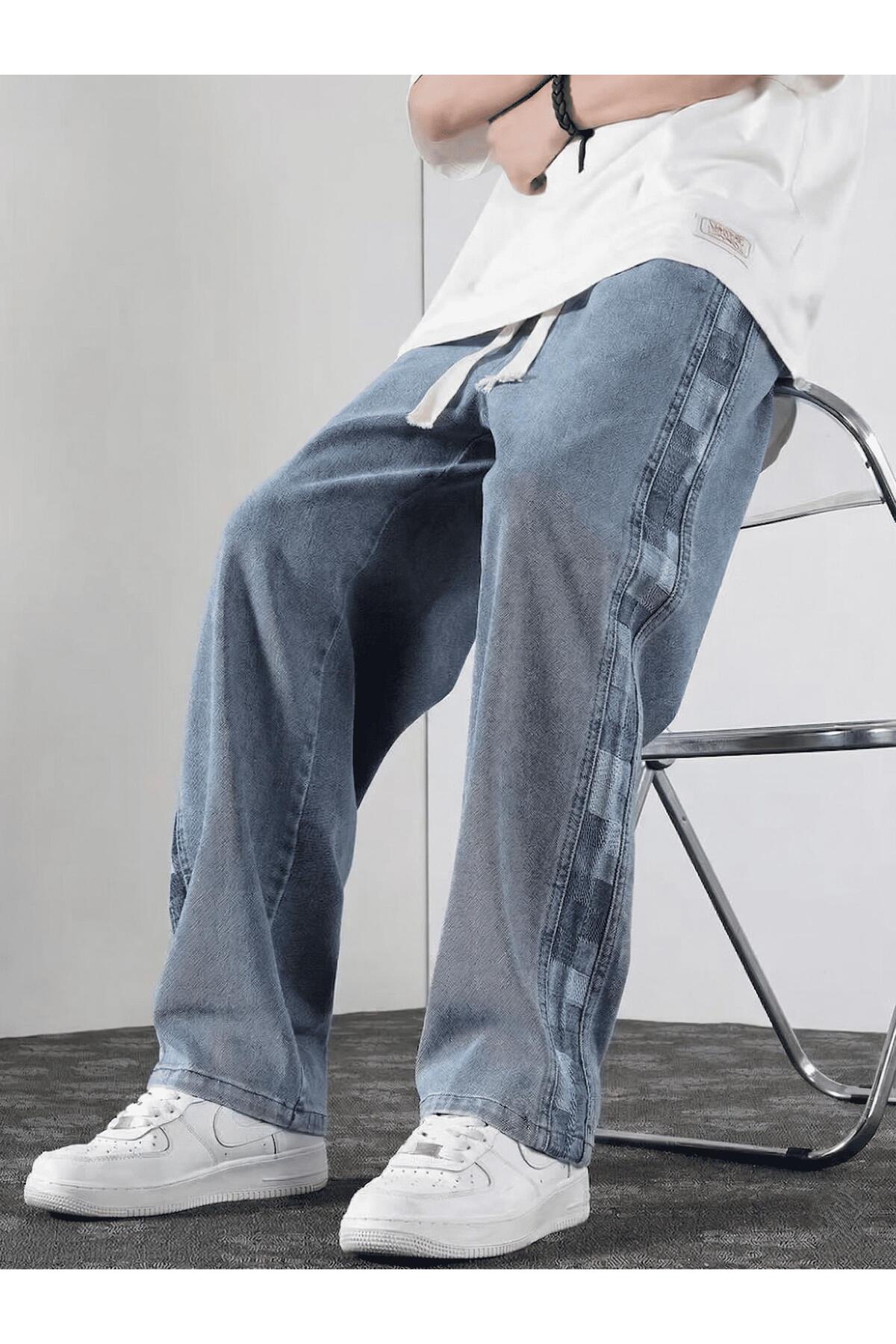 Oksit Vets Men's Lace-Up Elastic Waist Side-Piece Checkered Patterned Loose Jeans