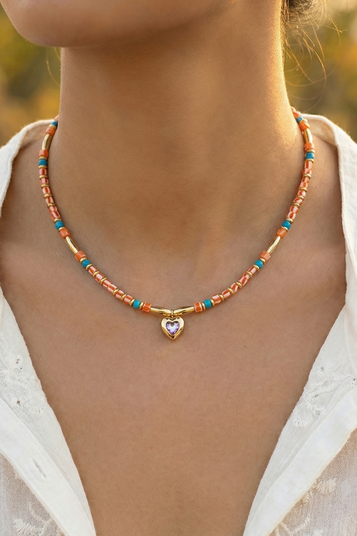 アクセサリー K14 (GB585) Women's Necklace SAVAYA Women's Heart Pendant Colorful Beaded Necklace- Trendyol