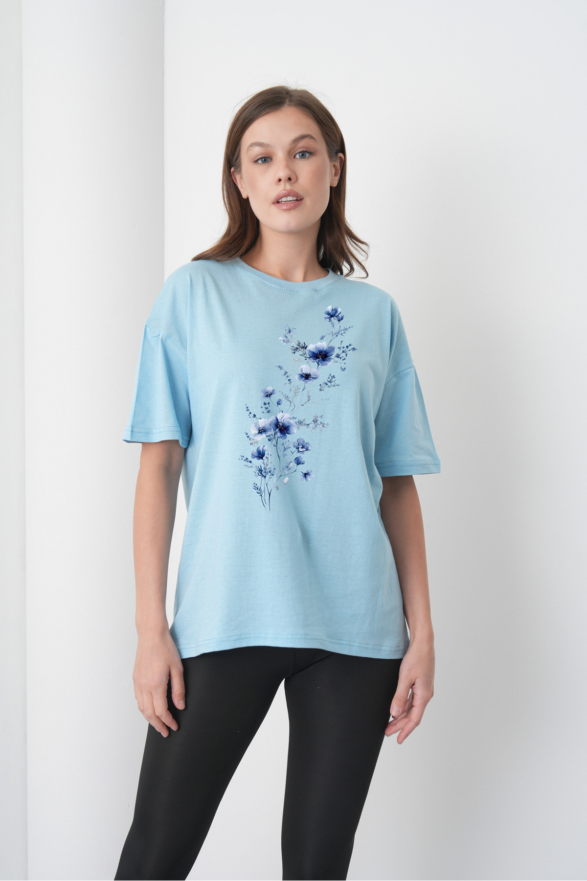 Women's Blue Floral Print Cotton Combed Cotton Blue T-Shirt