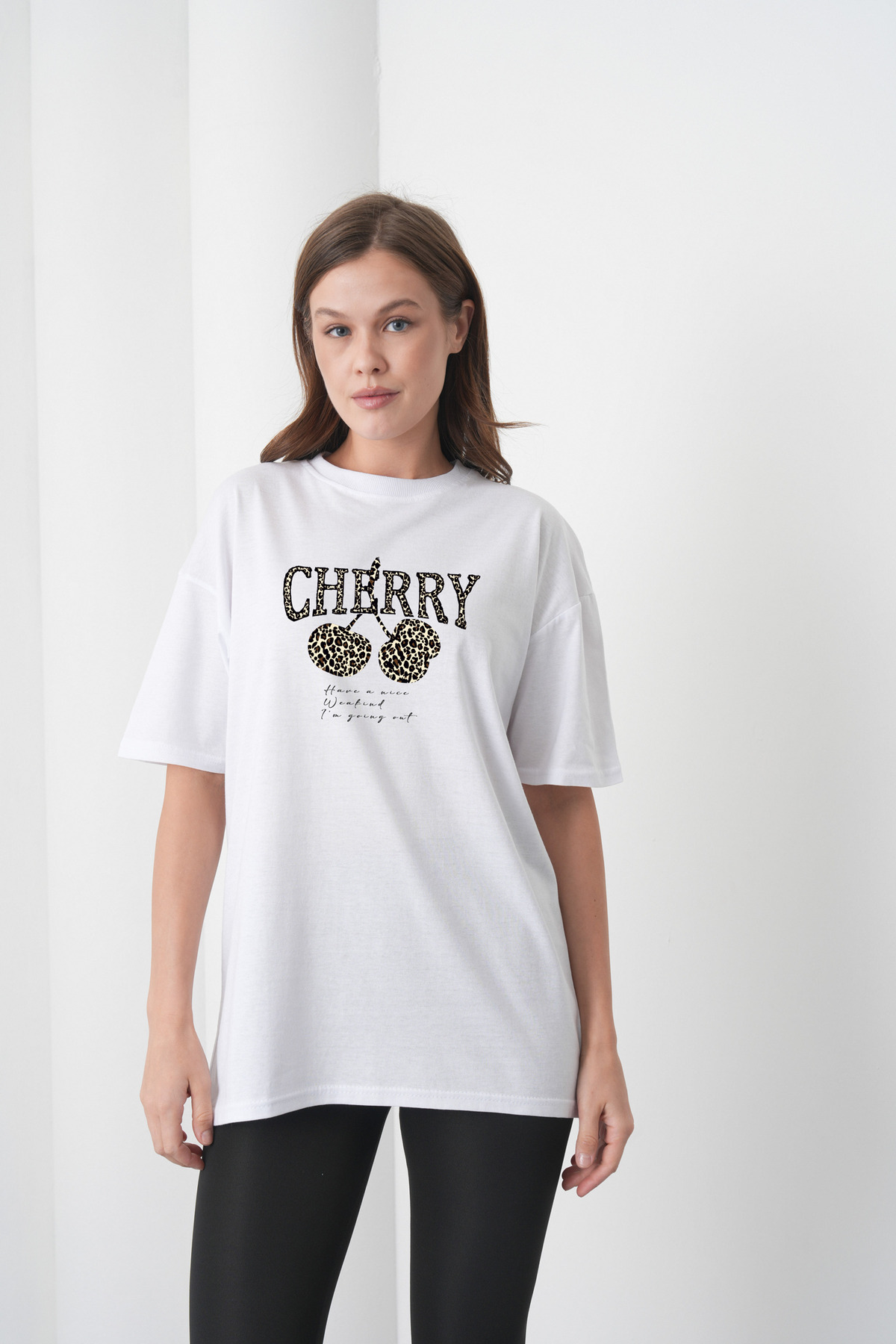 Leopard Patterned Cherry Printed Cotton Combed Cotton White T-Shirt