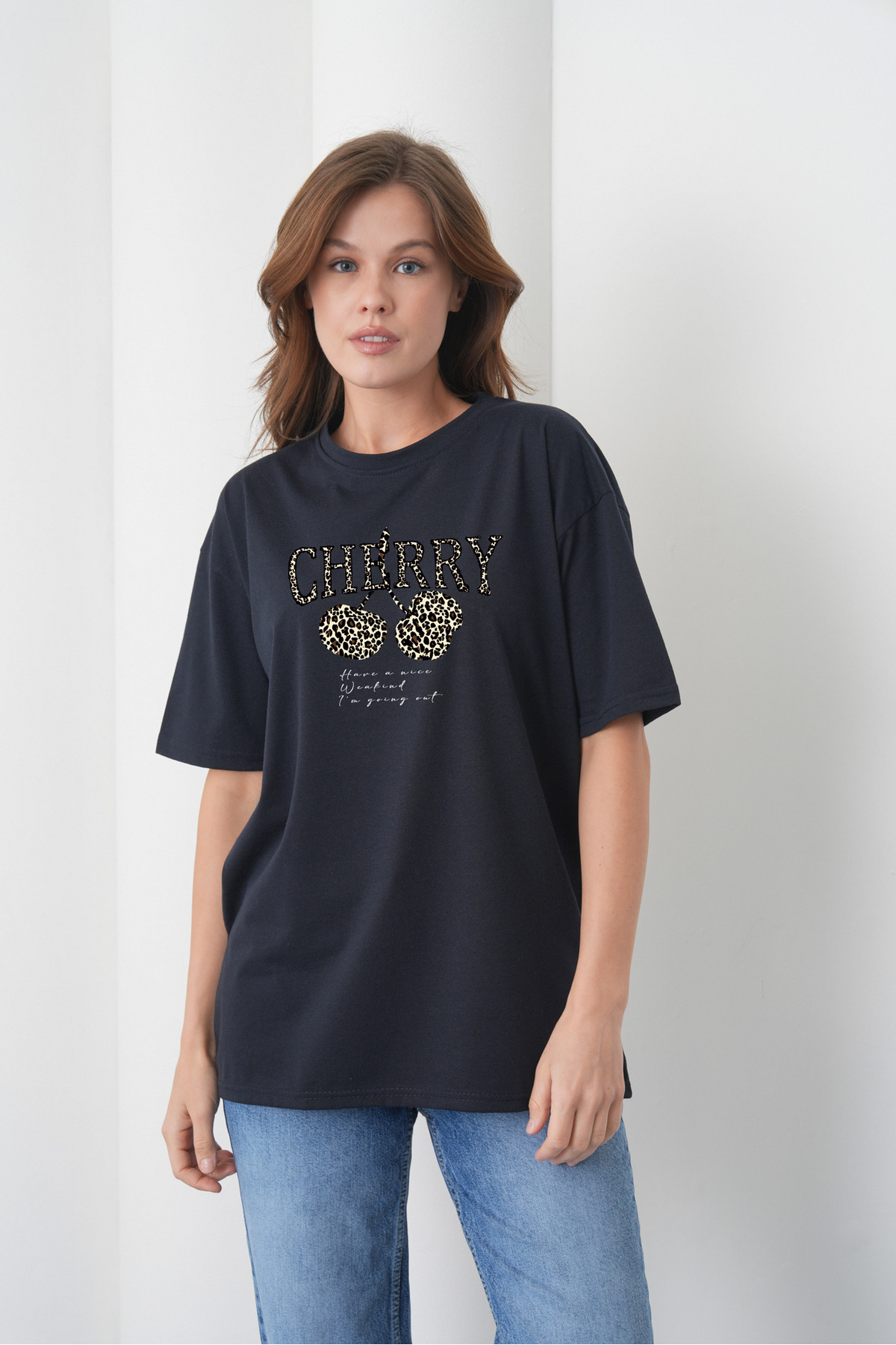 Leopard Patterned Cherry Printed Cotton Combed Cotton Navy Blue T-Shirt