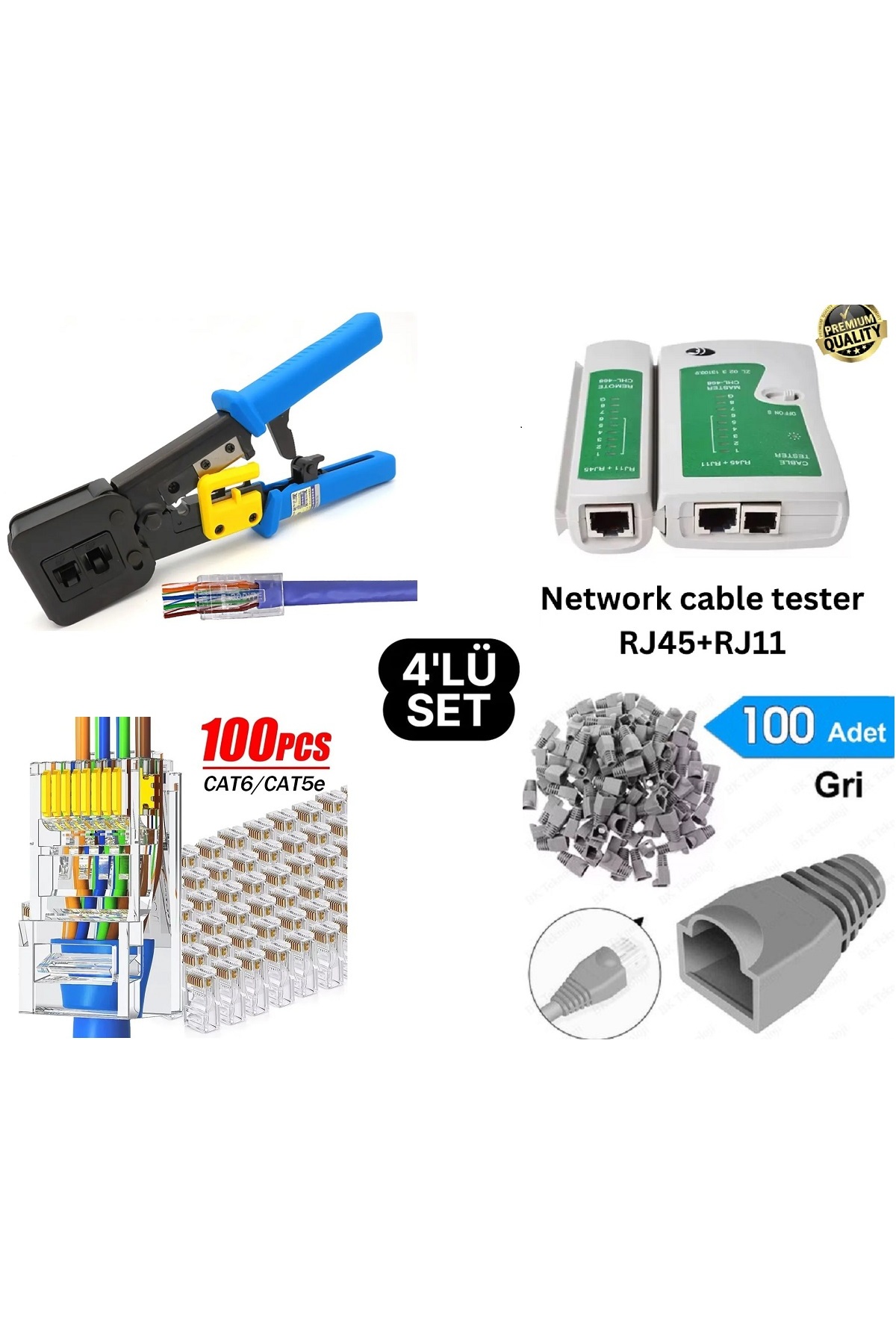 Yeni Nesil Rj45 EzRJ45 Pense + Rj45 Rj11 Test Cihazı 100 Adet Açık Uclu Rj45 100 Adet Boot Kılıf