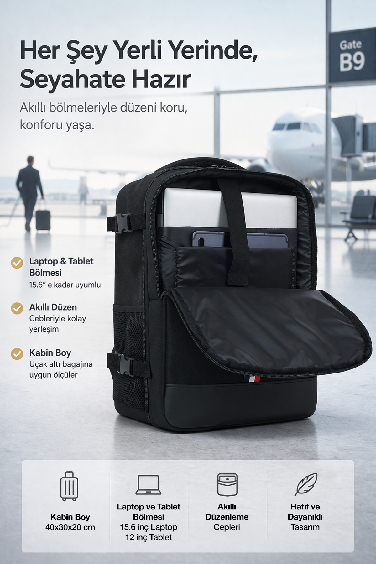 D'VERS  Smart Kabin Boy Laptop ve Tablet Bölmeli, Suya Dayanıklı, Seyahat, Valiz, Sırt Çantası - Görsel 3