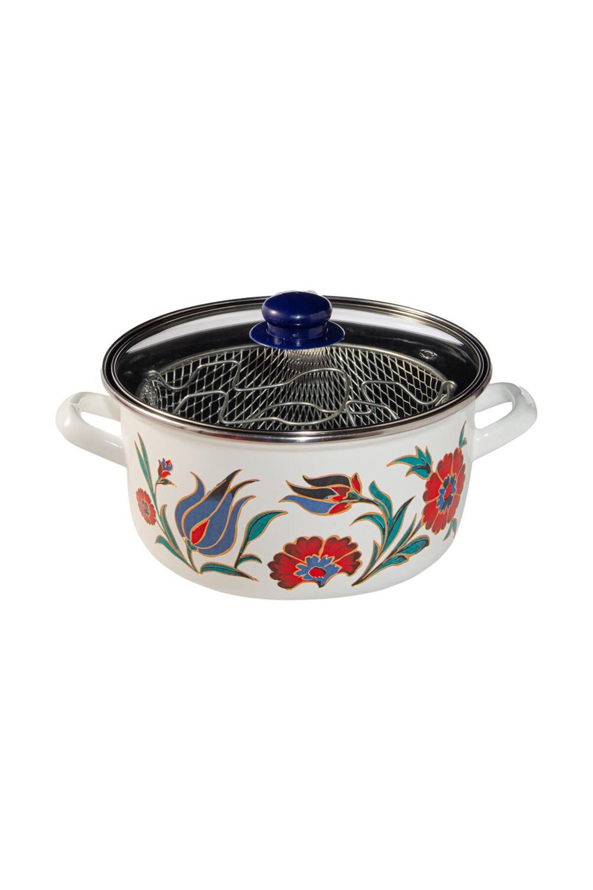 Serenk Emaille-Frittiertopf, 22 cm, 4 L, mit Glasdeckel und Frittierkorb