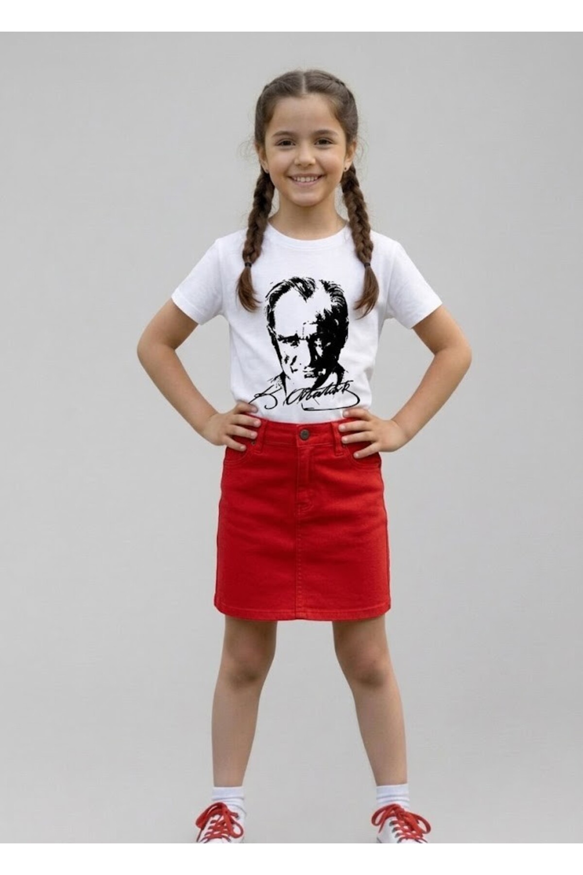 Girls ATATÜRK Printed T-Shirt and Linen Skirt Set 23 APRIL-Special Holidays
