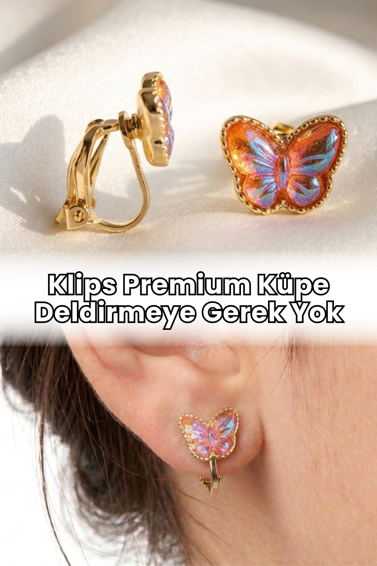 Elifsu Jewelry Klips Premium Küpe Kelebekli Işıltılı Deldirmeye