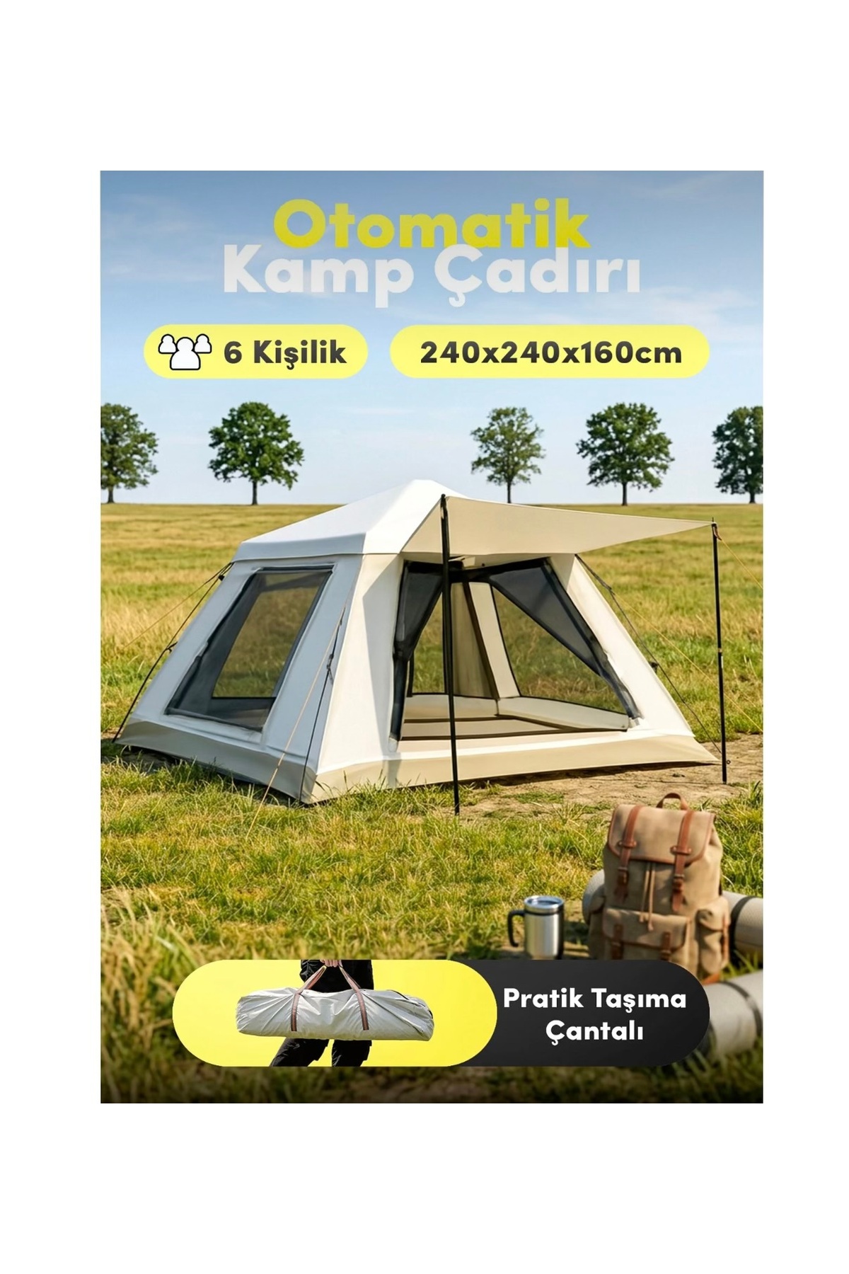 aetcr AC6637 Otomatik Kamp Çadırı - 6 Kişilik, 240x240x160 cm, Güneşlikli ve Su Geçirmez Kumaş