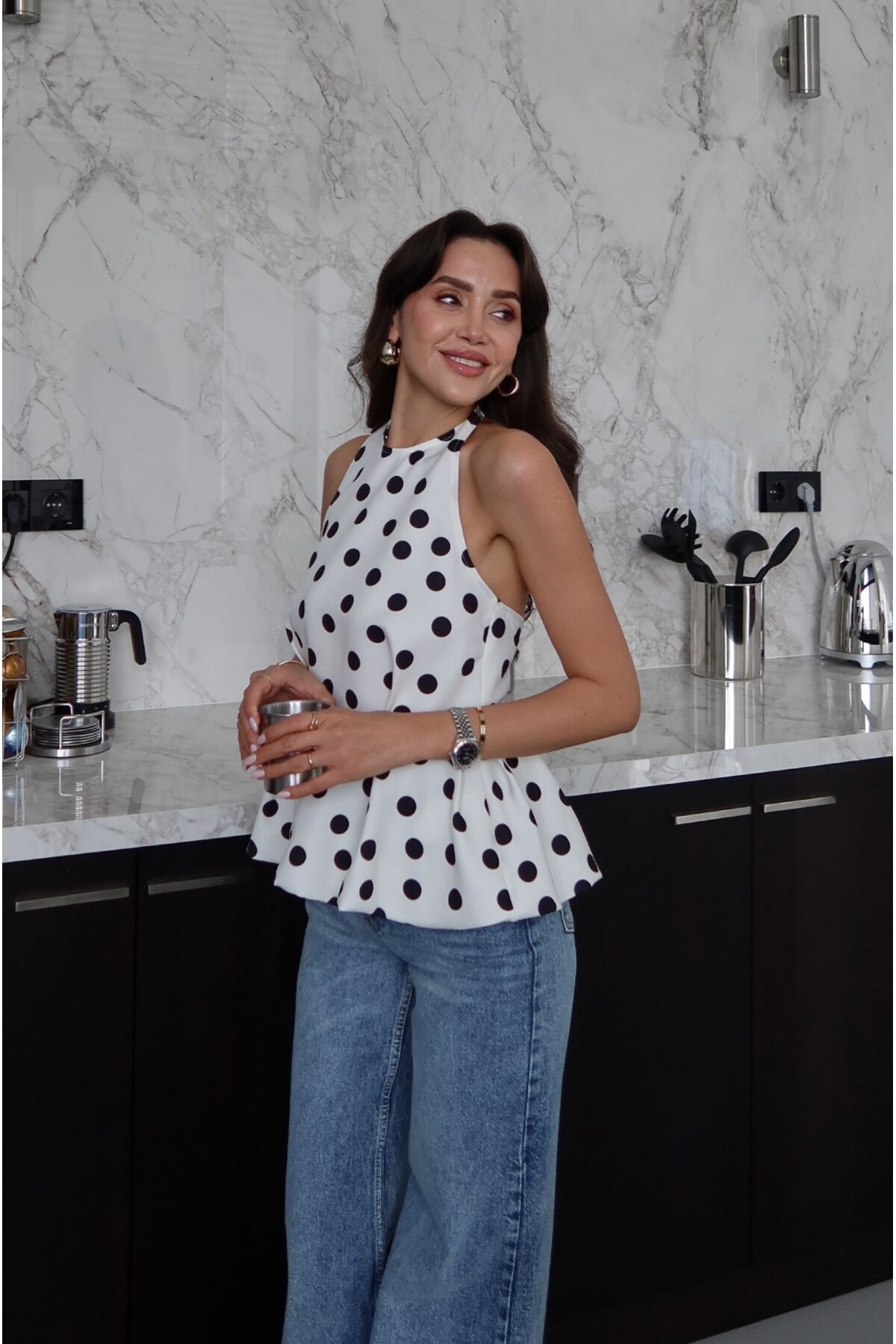 Havoş  Beyaz Lelia Puantiye Desenli Peplum Bluz - Görsel 3