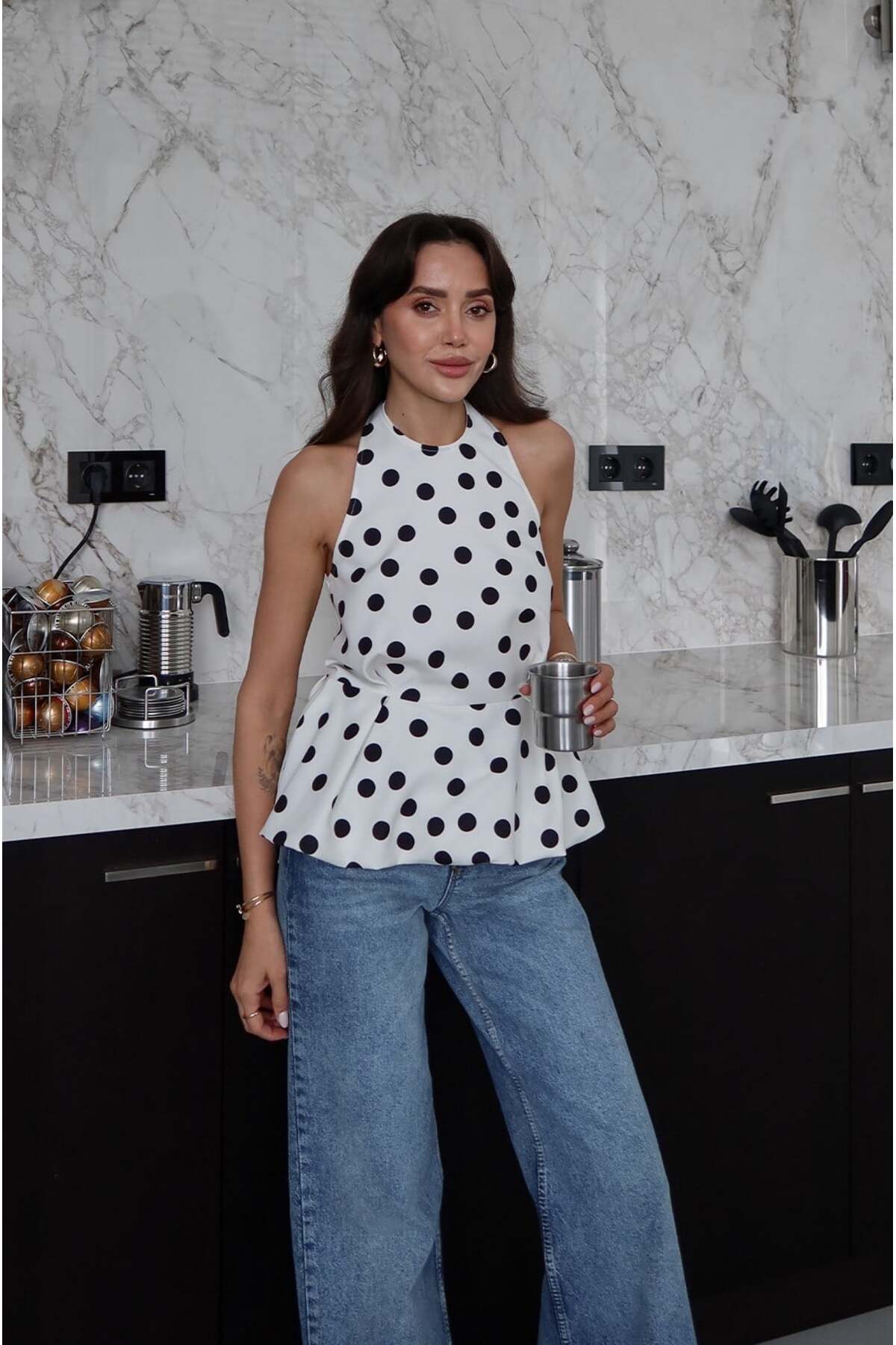 Havoş  Beyaz Lelia Puantiye Desenli Peplum Bluz