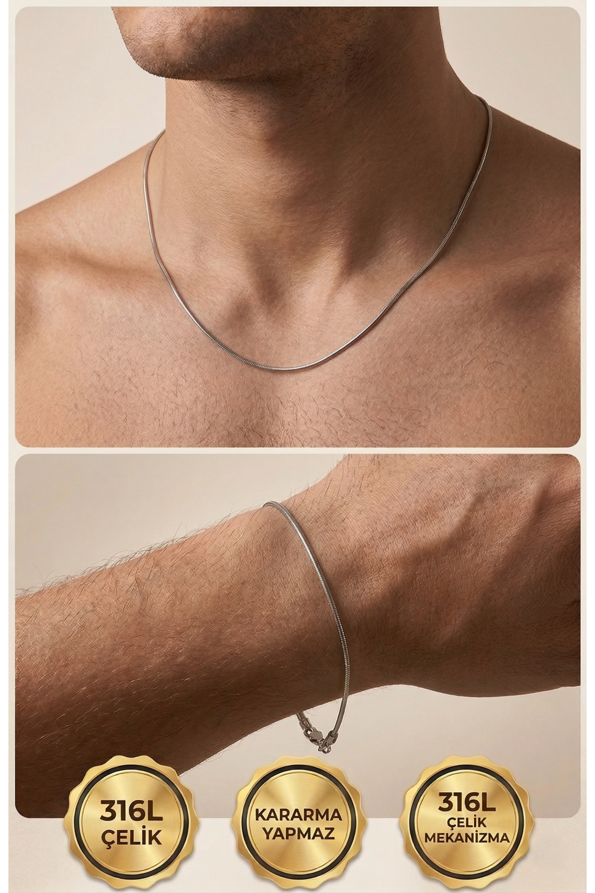 Men's Blackout Stainless Italian Steel Snake Necklace Bracelet Set