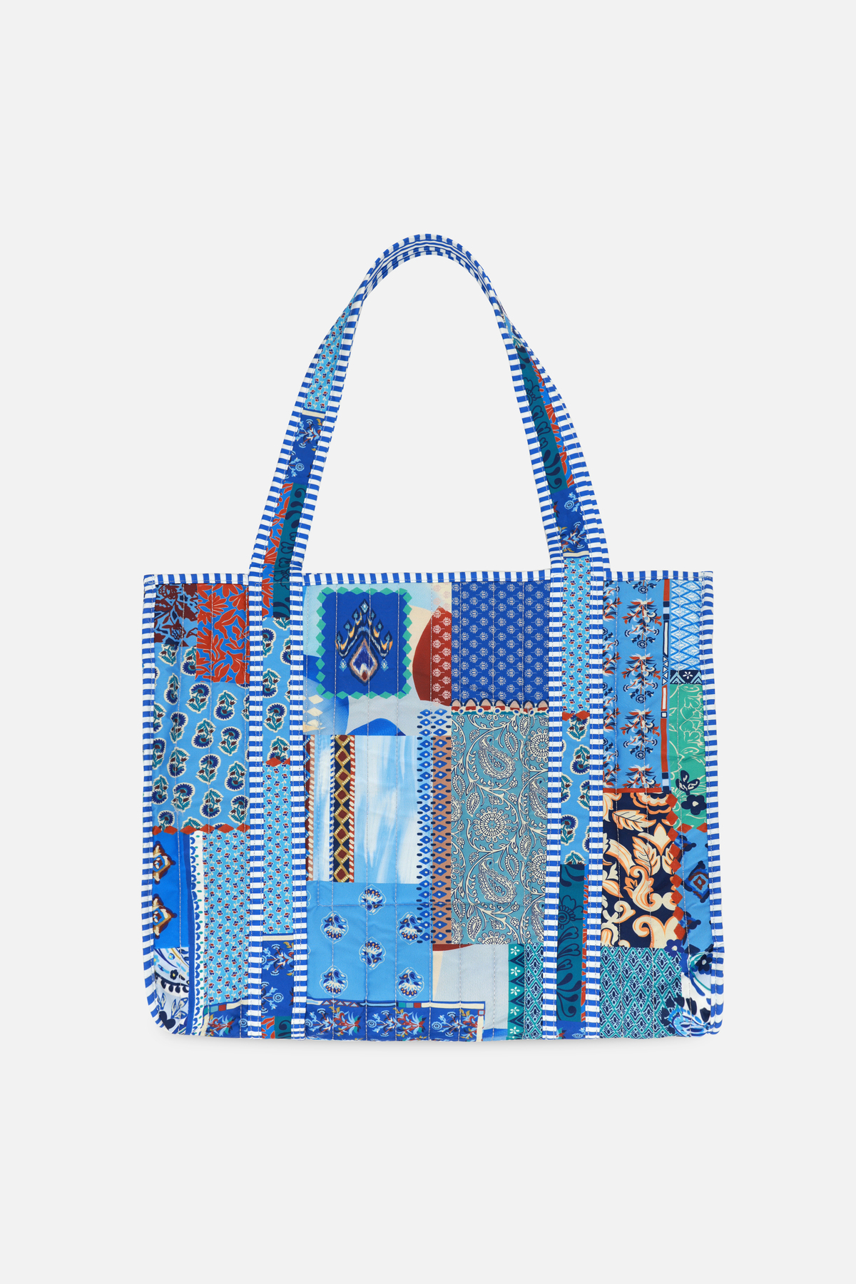 ICONE BAG Patch Baskılı Kapitoneli Plaj Çantası, İçi Çizgili Baskılı ve Cepli Shopper Çanta, Plaj Çantası