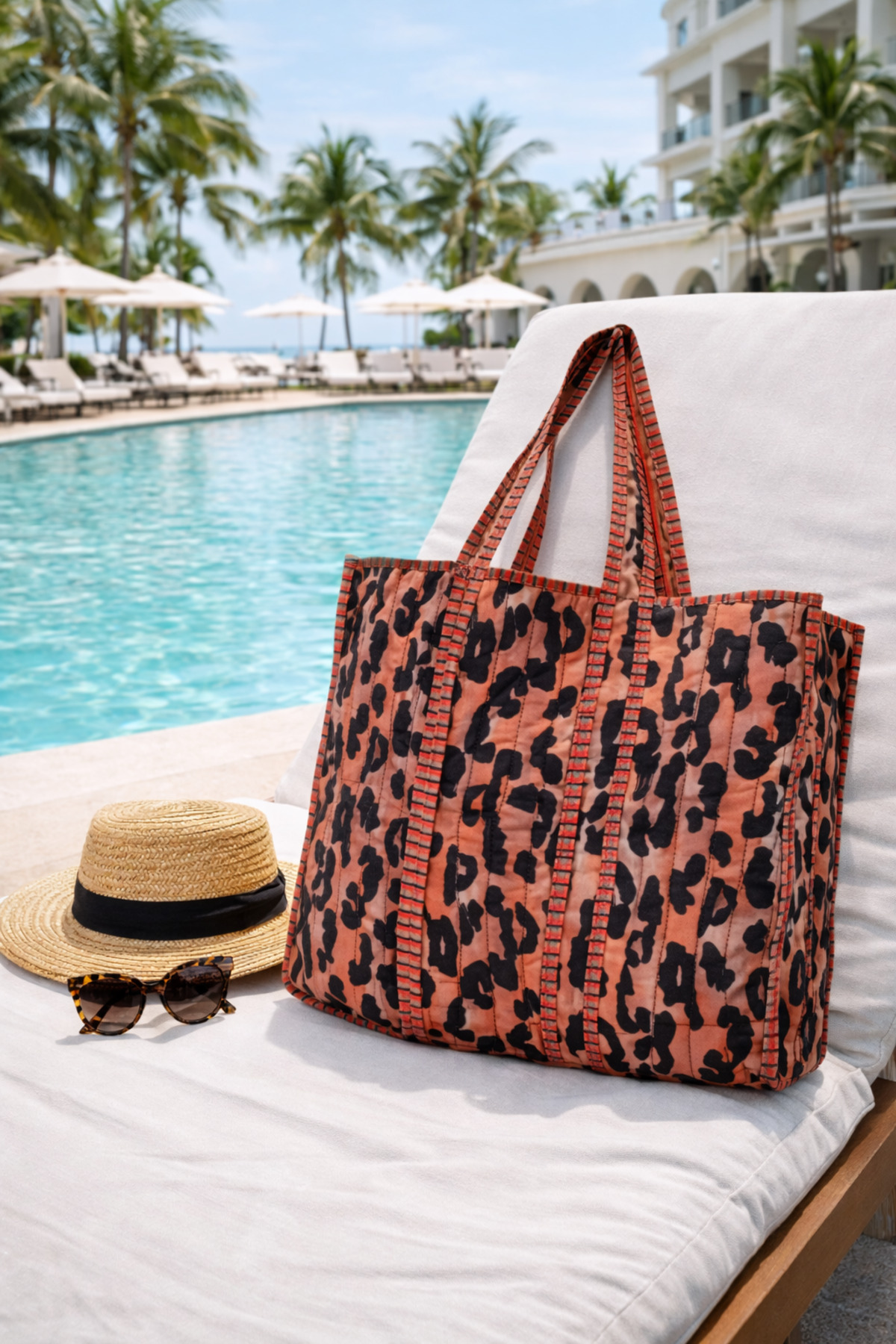 ICONE BAG Leopar Baskılı Kapitoneli Plaj Çantası, İçi Çizgili Baskılı ve Cepli Shopper Çanta, Plaj Çantası görsel 7