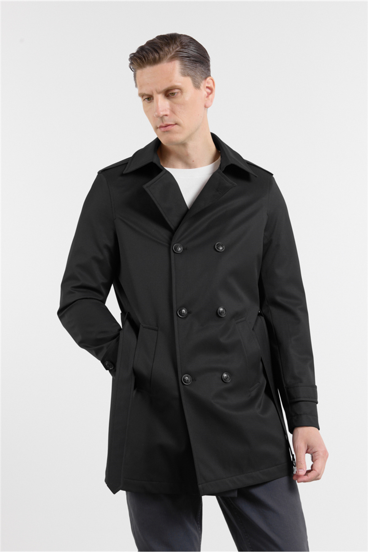 İmza Siyah Mono Yaka Düz Classic Comfort Fit Trençkot 1006260150 görsel 3