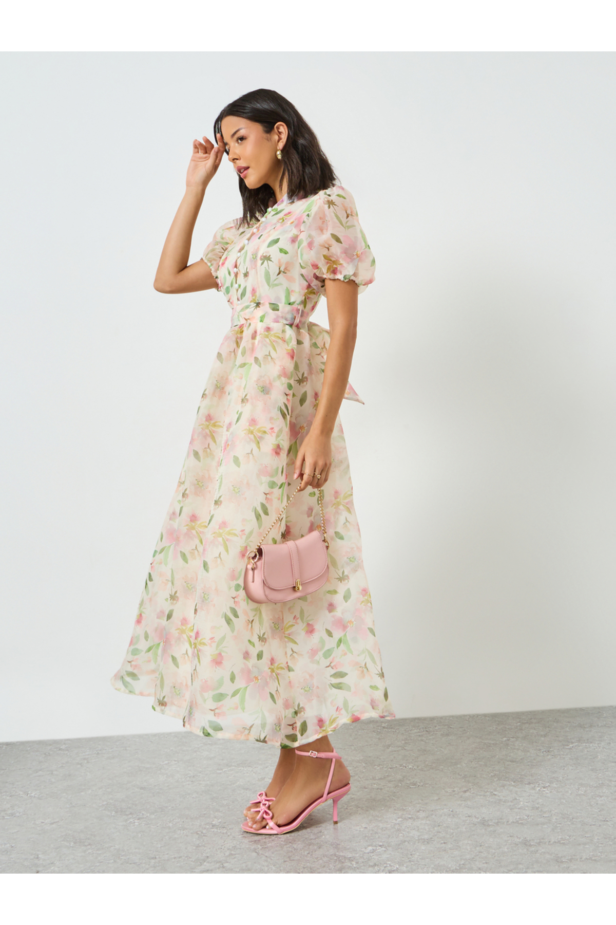 Styli Cream Floral Puff Sleeves Maxi Dress with Tie-Belt