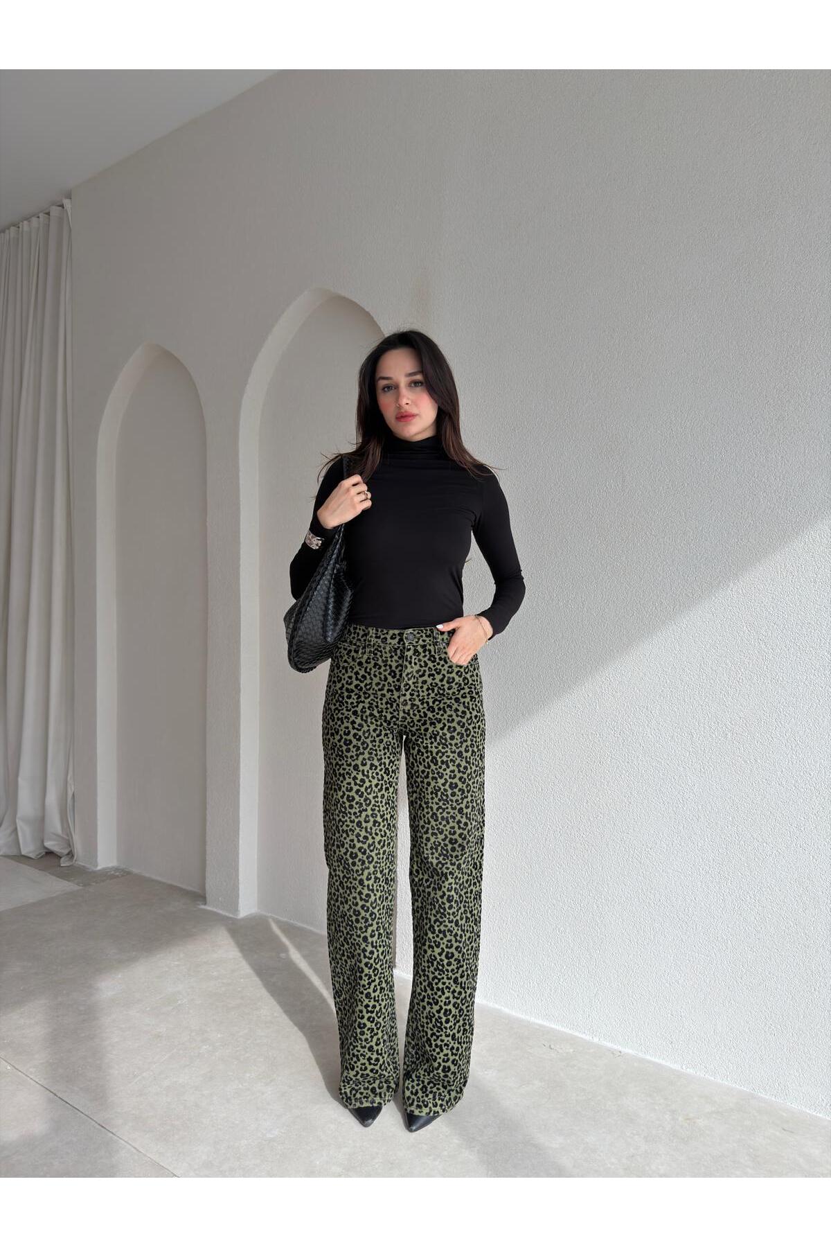 DUUE FASHİON  Kadife Dokulu Leopar Desenli Denim Pantolon - Görsel 4