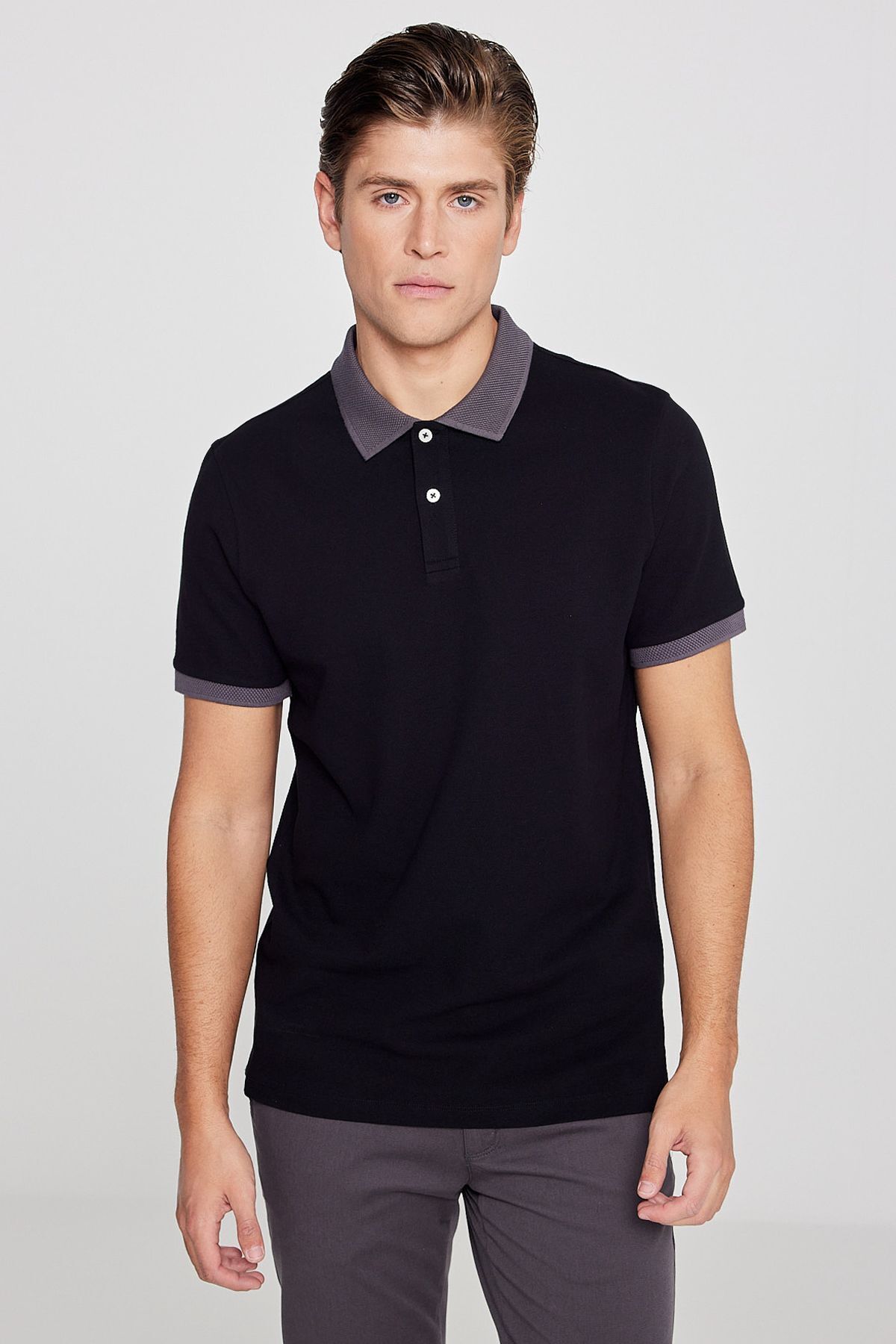 AC&Co / Altınyıldız Classics Men's Black-Anthracite 100% Cotton Slim Fit Polo Collar T-Shirt