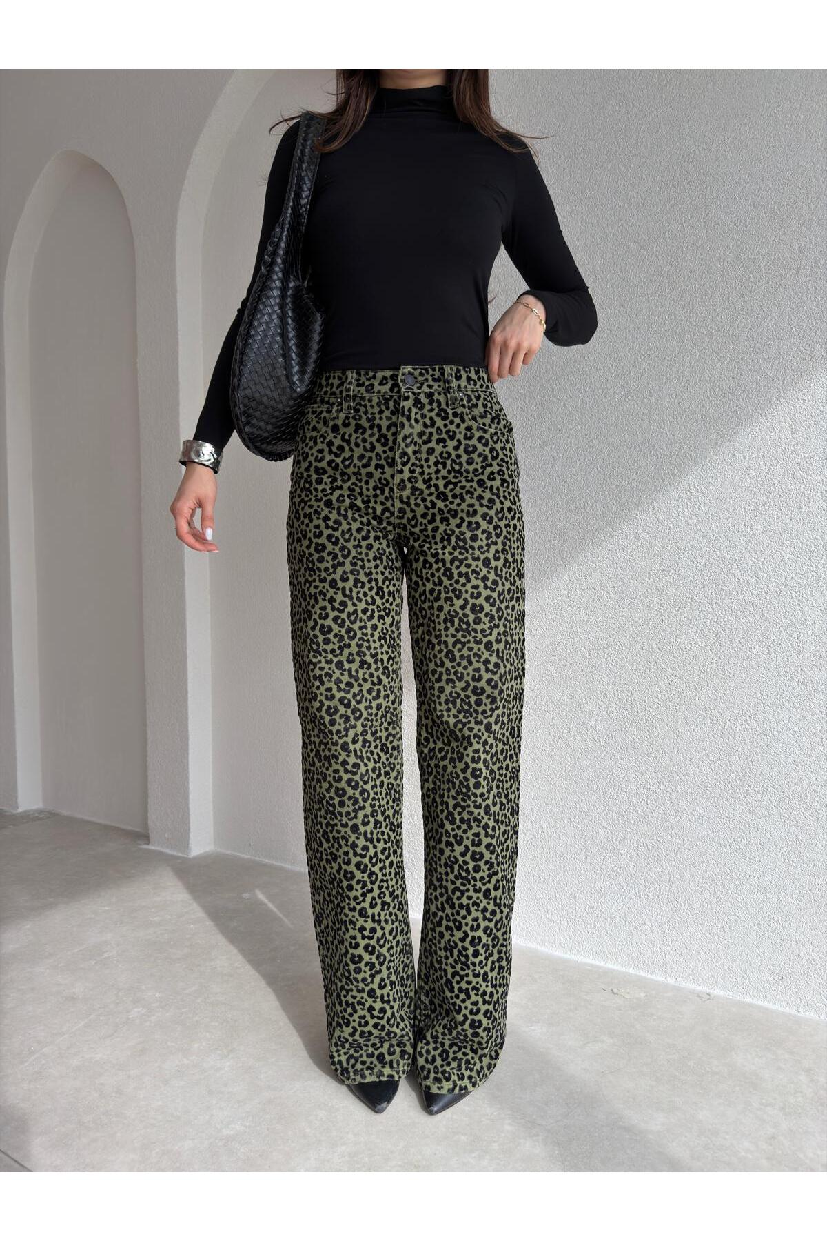 DUUE FASHİON  Kadife Dokulu Leopar Desenli Denim Pantolon - Görsel 5