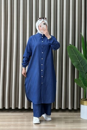 mercan moda AYSİMA TAKIM Kot Kumaş Kadın Koyu Mavi Düğmeli Tunik ve Pantolon ...