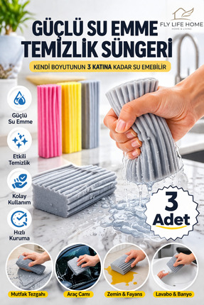 FLY LIFE 3 Adet Çok Amaçlı Nemli Silgi Sünger Sihirli Temizlik Süngeri Toz Em...