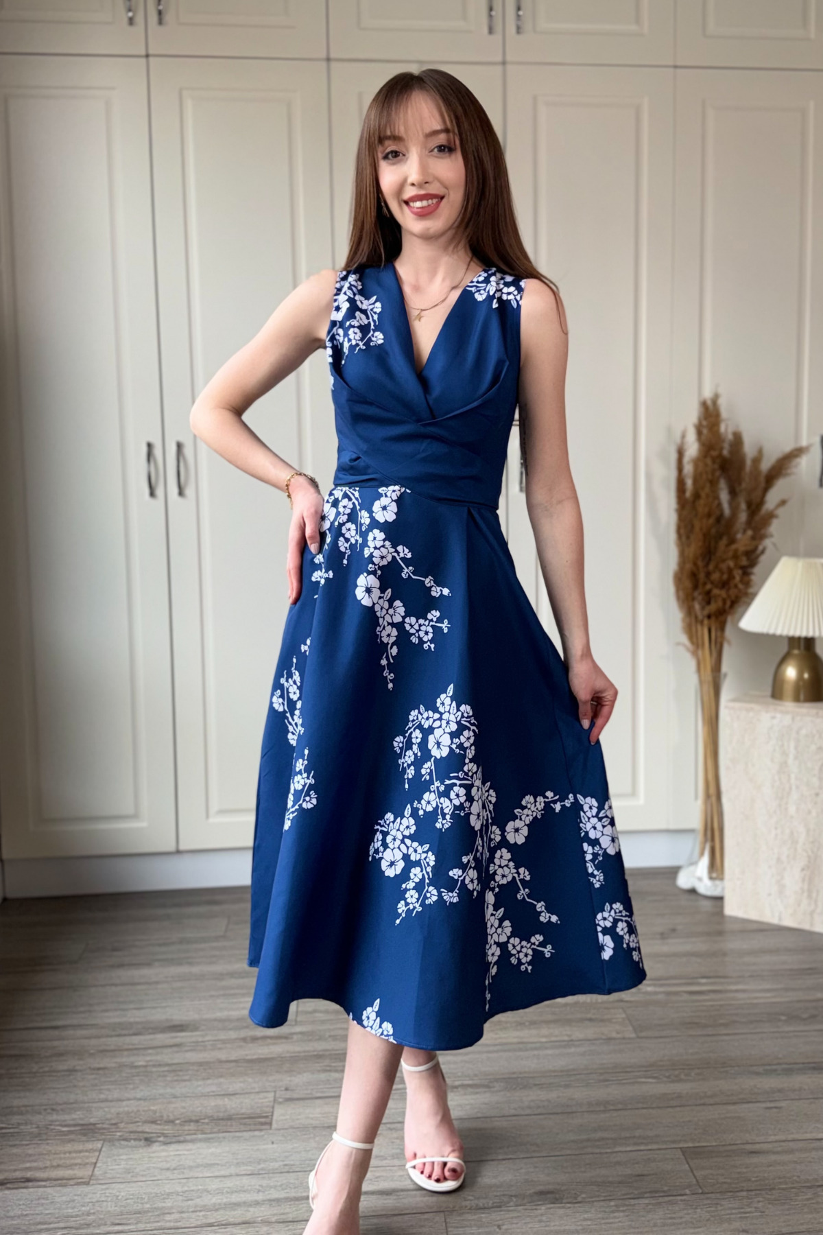 Flower Embroidered Double Breasted Midi Navy Blue Dress
