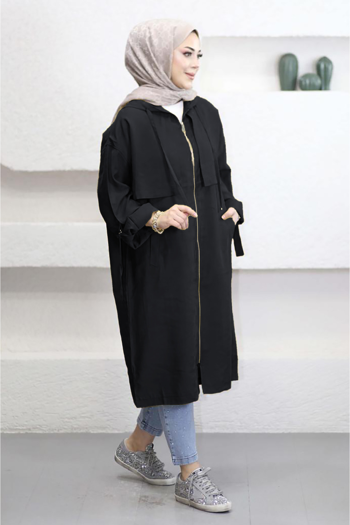 Suede Style  6348- Rahat Şık Fermuarlı Cepli Kol Bağlama Detaylı Yumuşak Modal Kumaş Uzun Kapüşonlu Kadın Tunik - Görsel 2