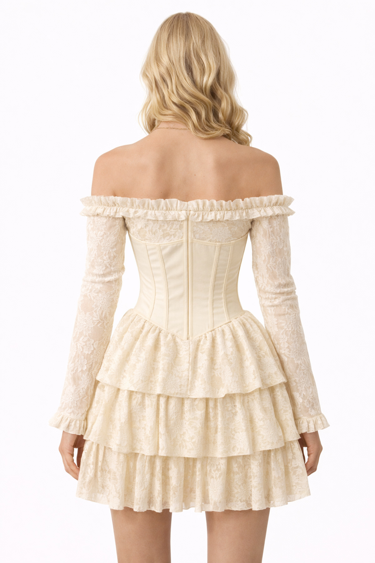 Butik  İDL Fashion Dantel korseli Mini Elbise - Ekru Volanlı, Omuz Açık Elbise - Görsel 2