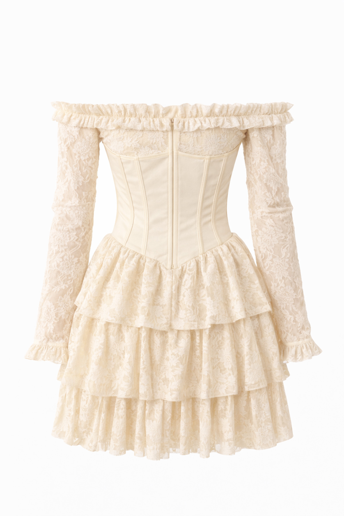Butik  İDL Fashion Dantel korseli Mini Elbise - Ekru Volanlı, Omuz Açık Elbise - Görsel 4