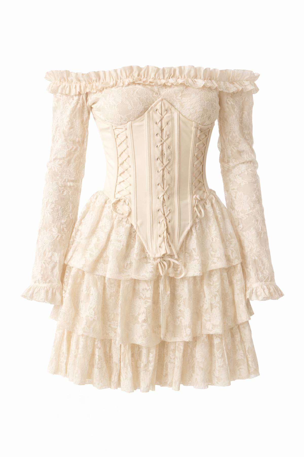 Butik  İDL Fashion Dantel korseli Mini Elbise - Ekru Volanlı, Omuz Açık Elbise - Görsel 3