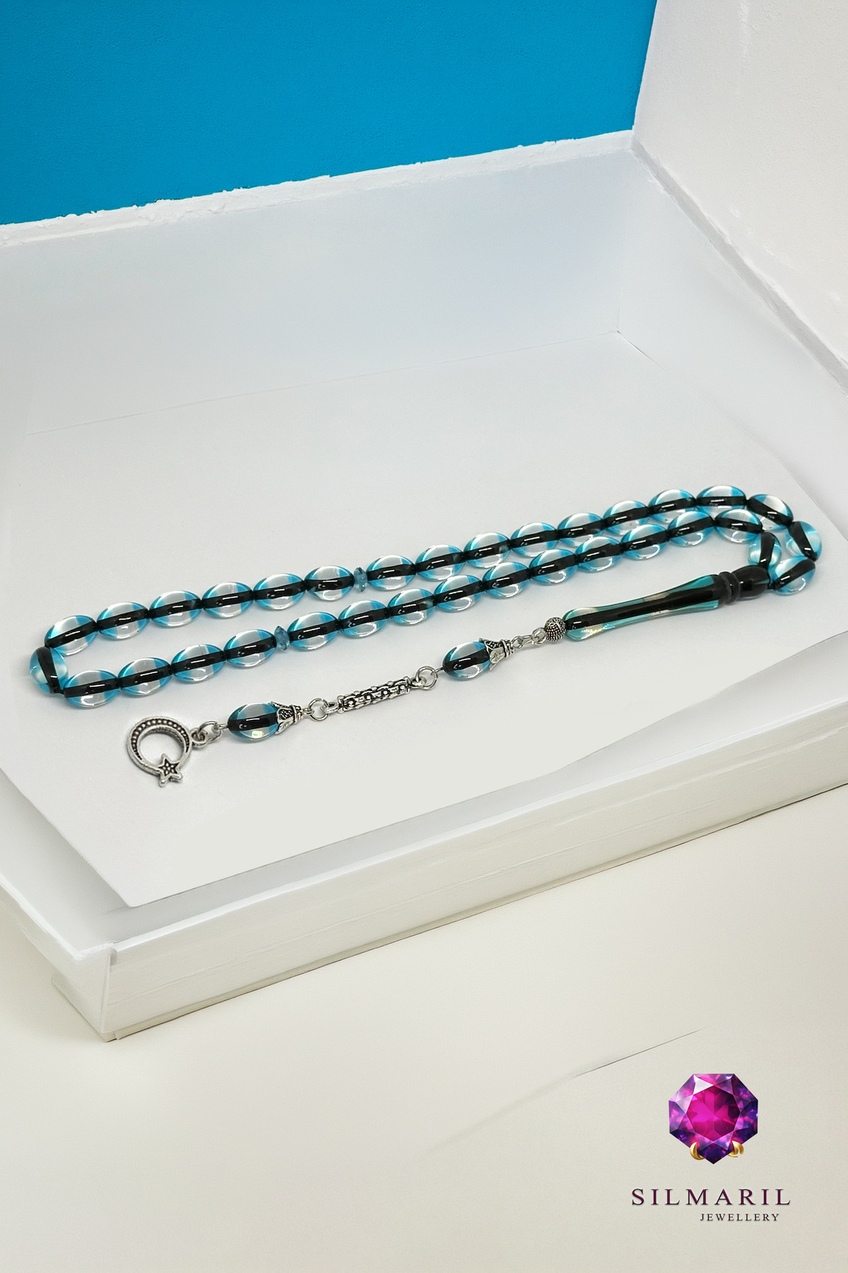 Ay Yıldız Figürlü Sürmeli Kehribar Tesbih - Koleksiyonluk Erkek Hediyesi Tespih Mavi Kehribar — Silmaril Store (3)