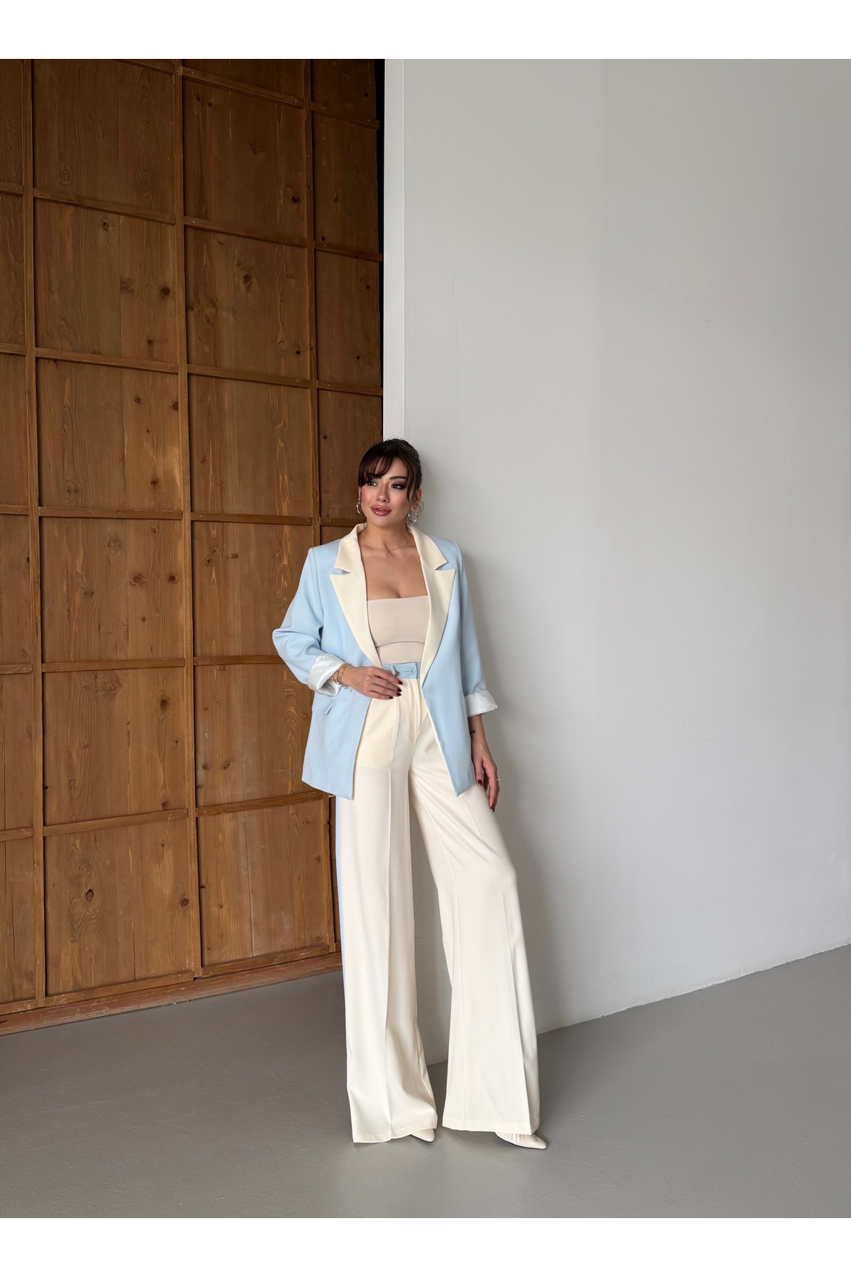 HOEK Kadın Krem-Bebe Mavi Oversize Blazer Ceket Palazzo Pantolon Takım Elbise görsel 7