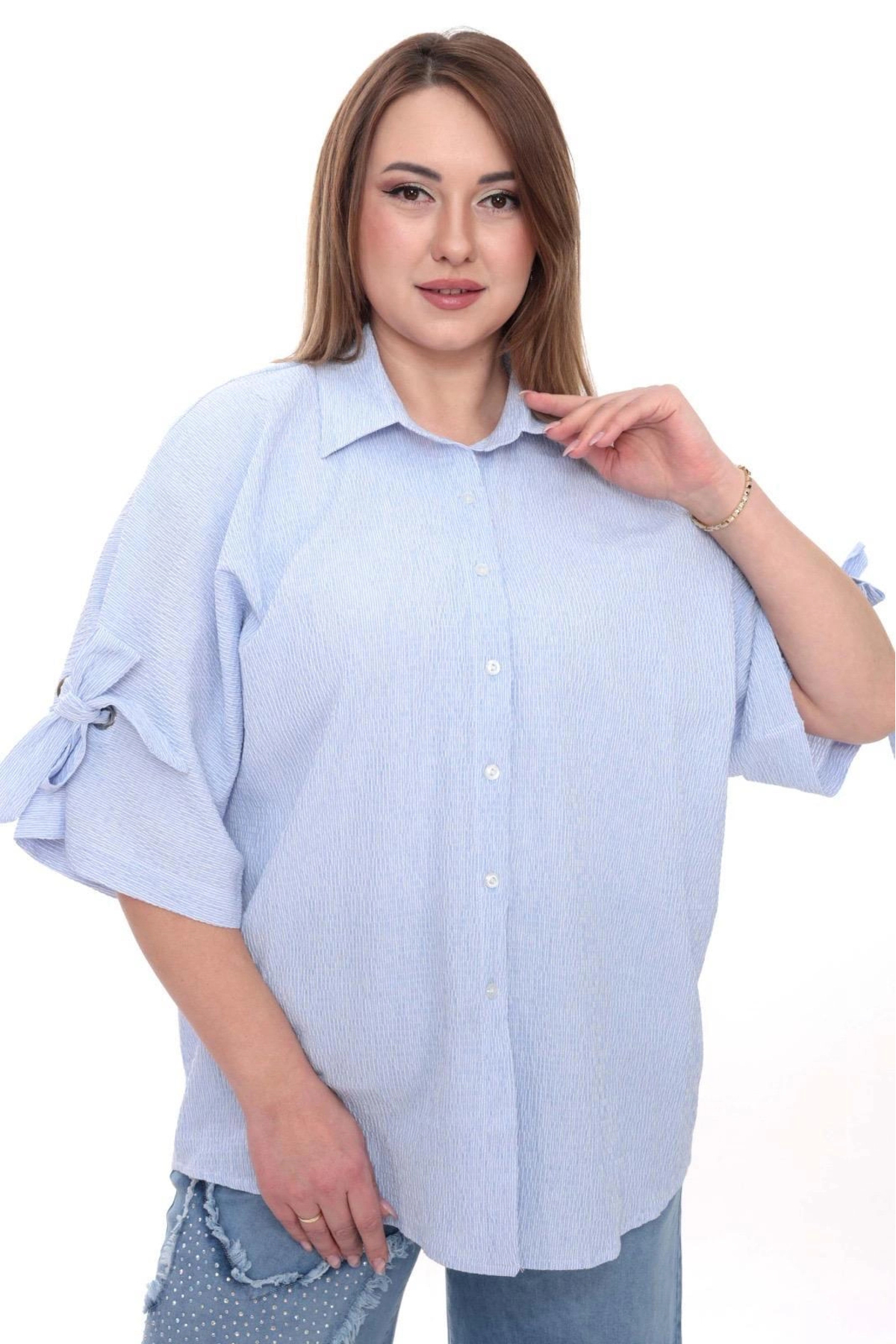 Lady Majestic  Büyük Beden Kadın Pamuklu Gömlek Rahat Kesim, Düğmeli, Volan Kol Detaylı - Görsel 7