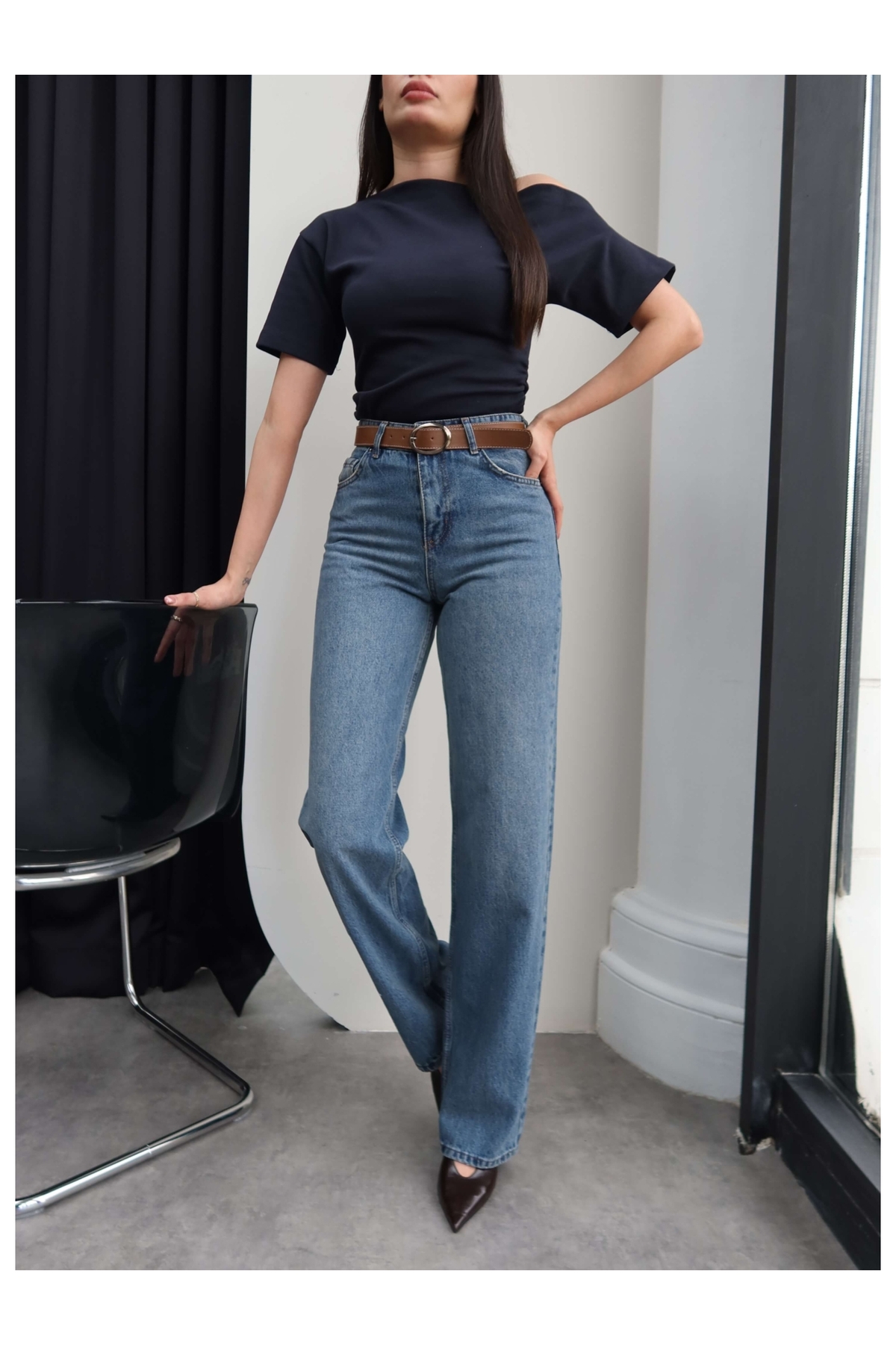 ESRAHELVACI  Kemerli Yüksek Bel Straight Jean