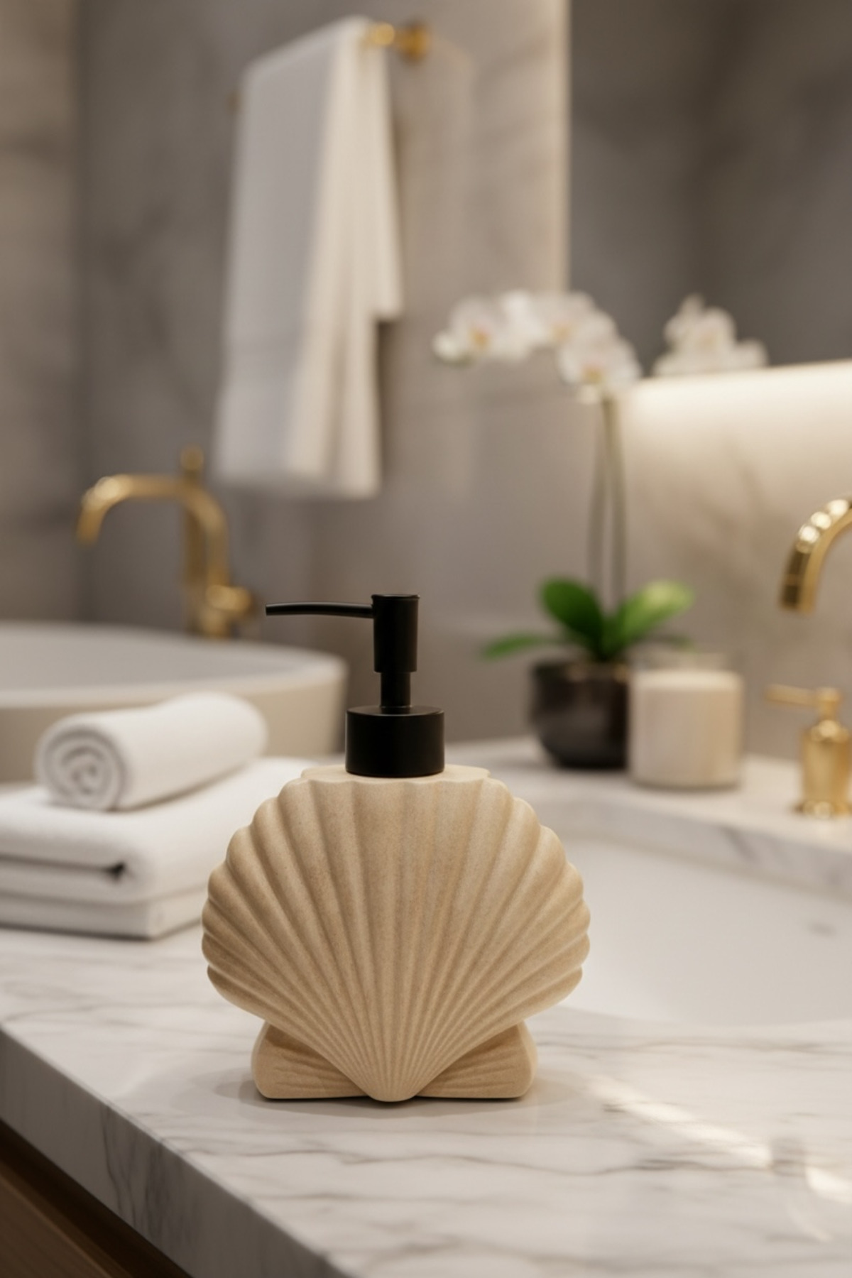 Krem Rengi Deniz Kabuğu İstiridye Model Ocean Sıvı Sabunluk| Mutfak ve Banyo Sabunluğu