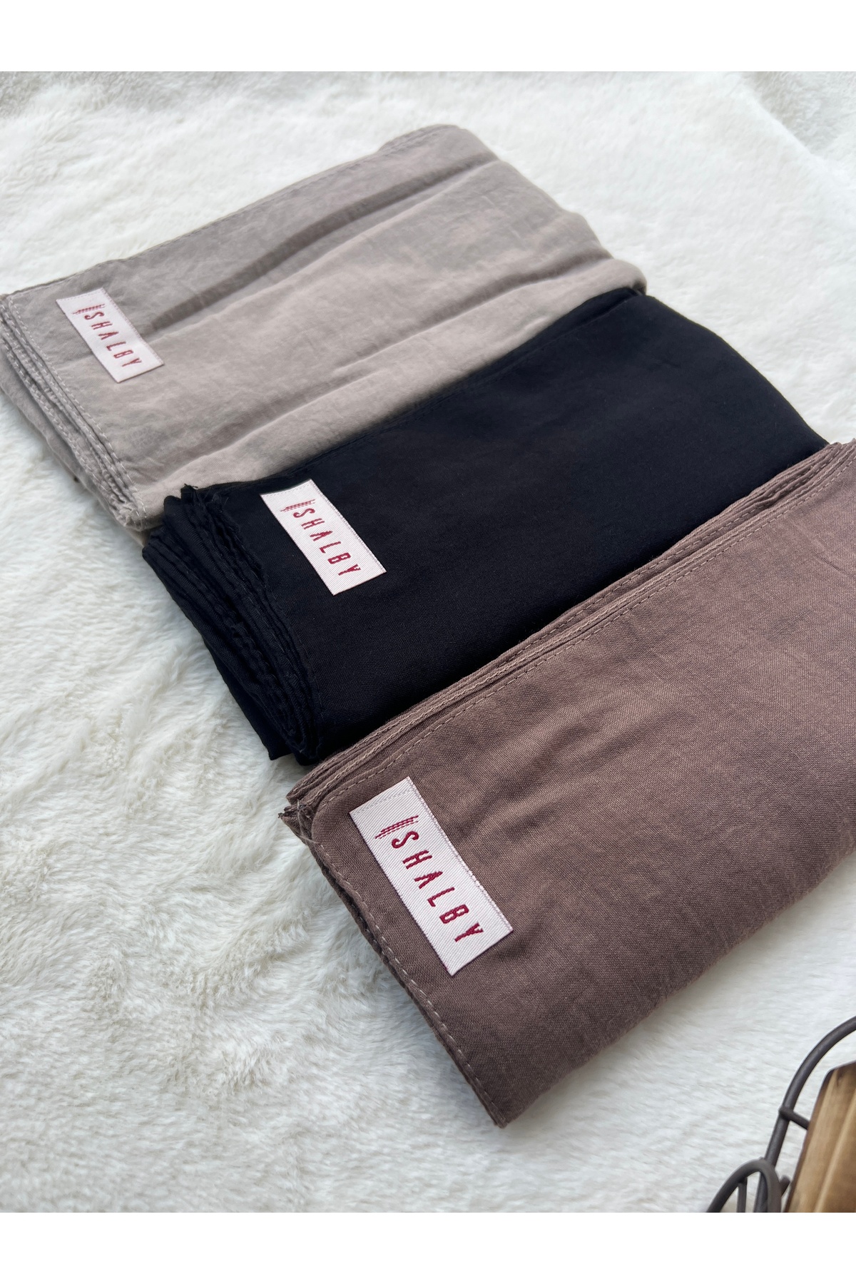 Hijab Plain Cotton Crash Shawl 3-Piece Set (Mink-Black-Milkweed )
