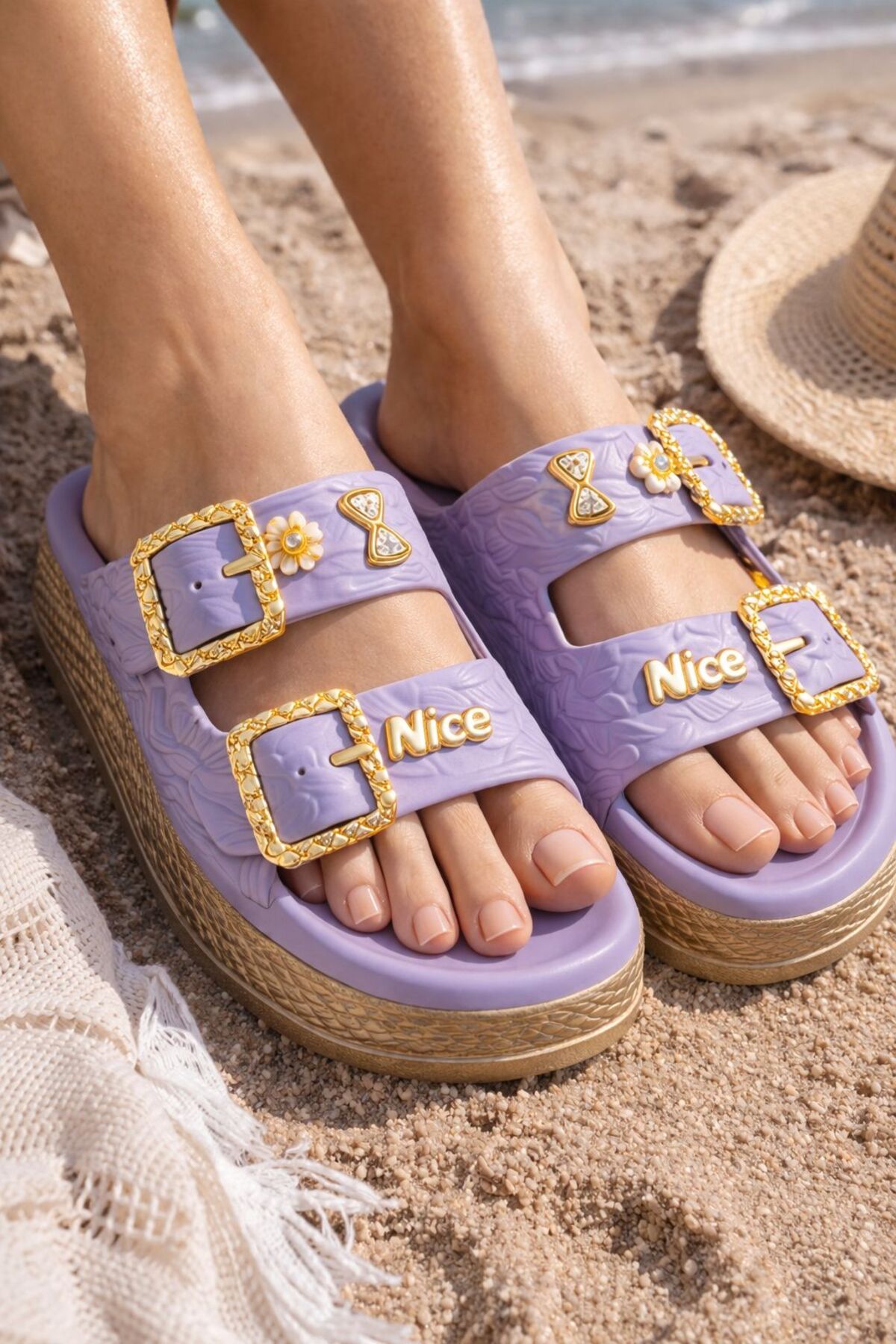 Pastel Gold Gold Buckle Detailed High Sole Women's Slippers Beach Beach Pool Slippers