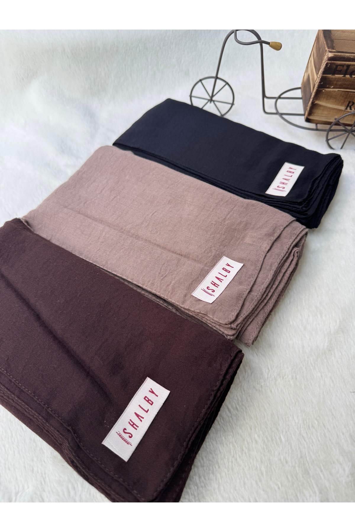 Hijab Plain Cotton Crash Shawl 3-Piece Set (Bitter Brown-Green Brown-Black)