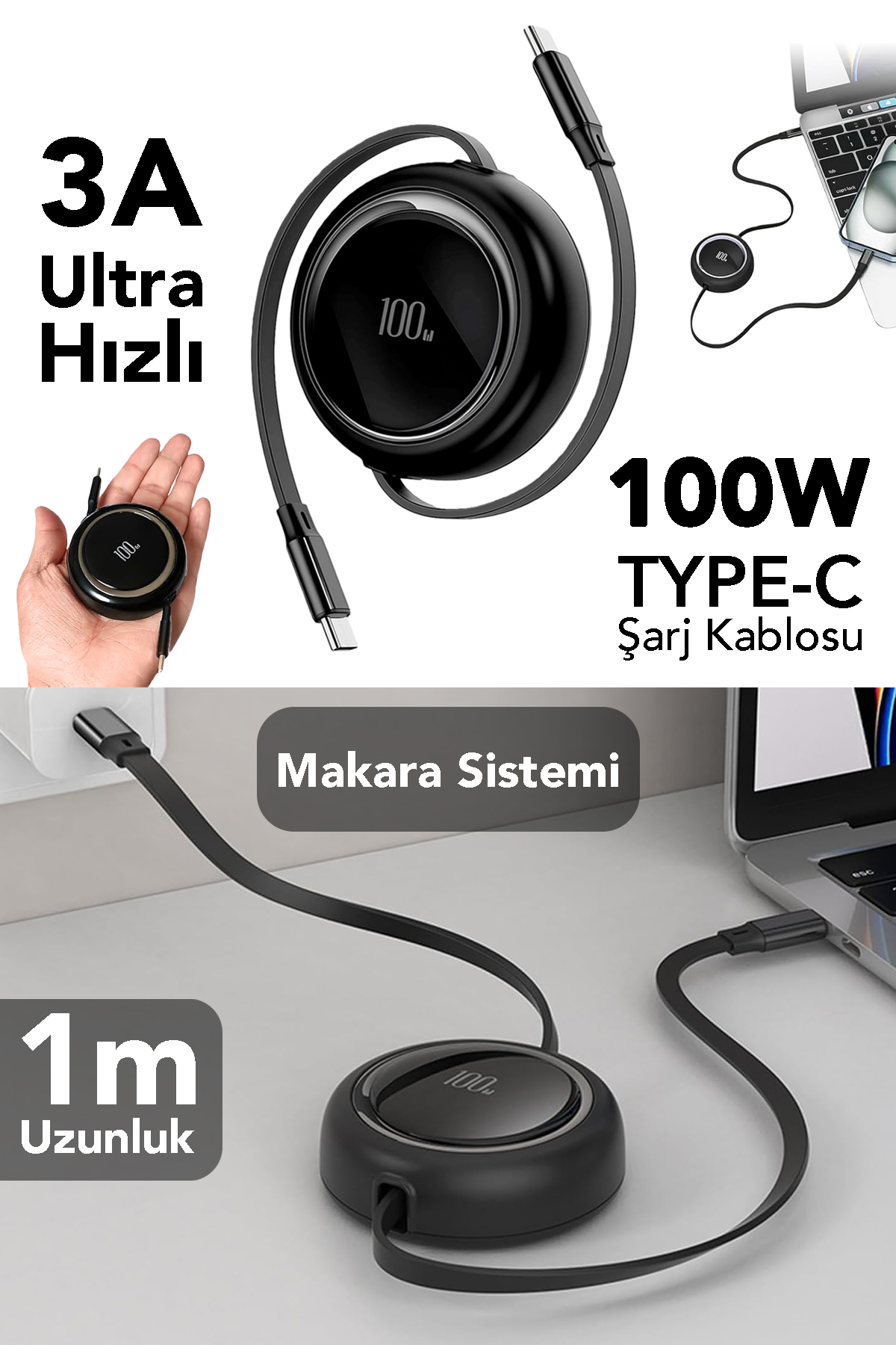 100W Adjustable Fast Cable - Reel Retractable Type-C Round Charging Cable Black