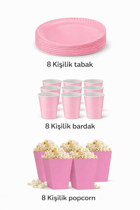 DEHAPARTY Karton Pembe 8er Adet Renkli Tabak Bardak Popcorn Set Doğum Günü