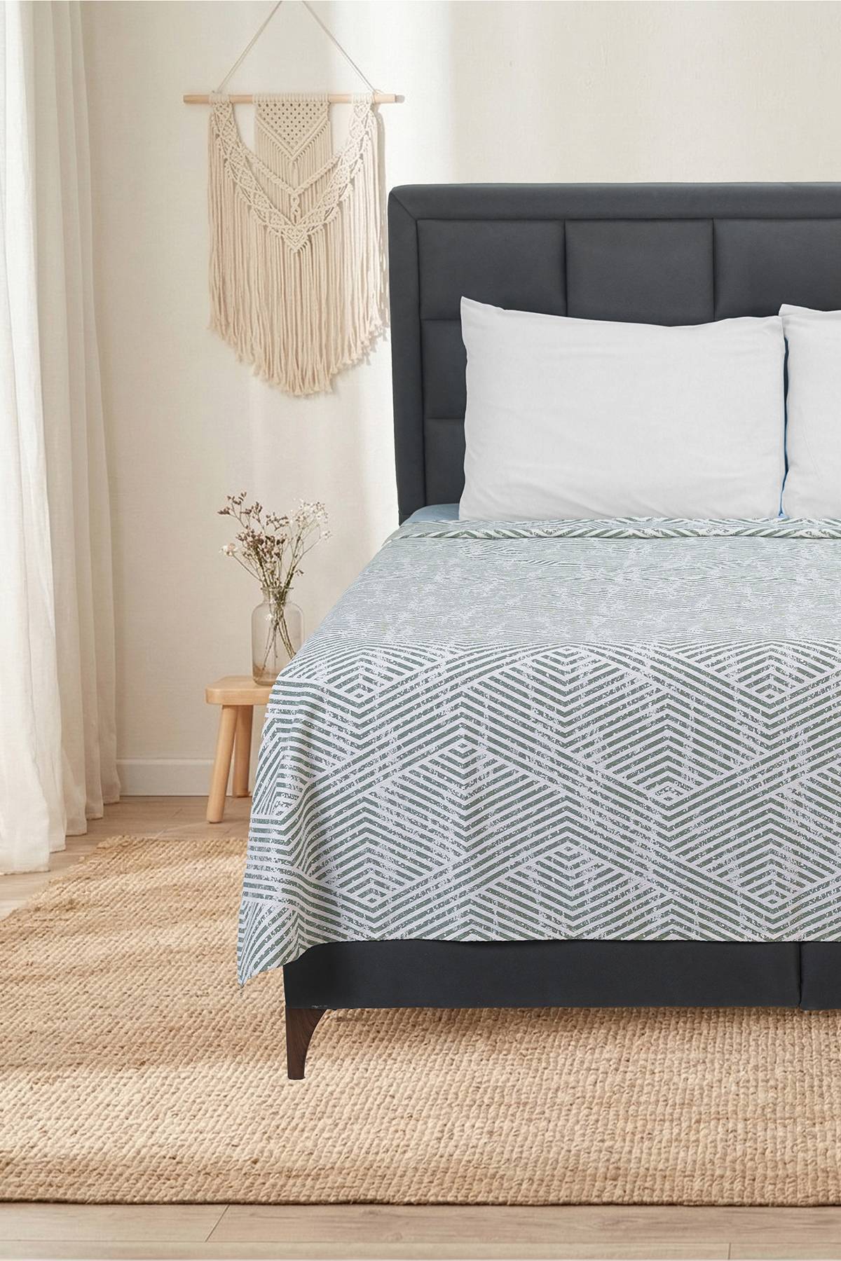 Punch Single Cotton All-Season Quilting Bedspread 160x240 Cm| Art Deco Mint Green