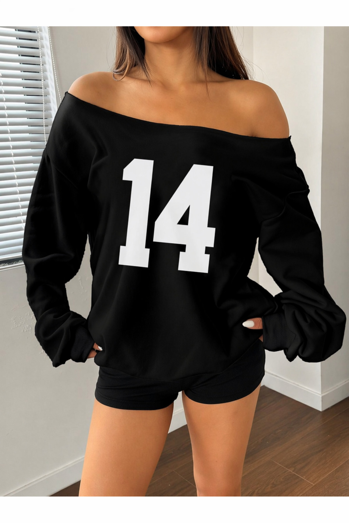 OVER HEAD  Kadın 14 Baskılı Kayık Yaka Oversize Sweatshirt - Görsel 4