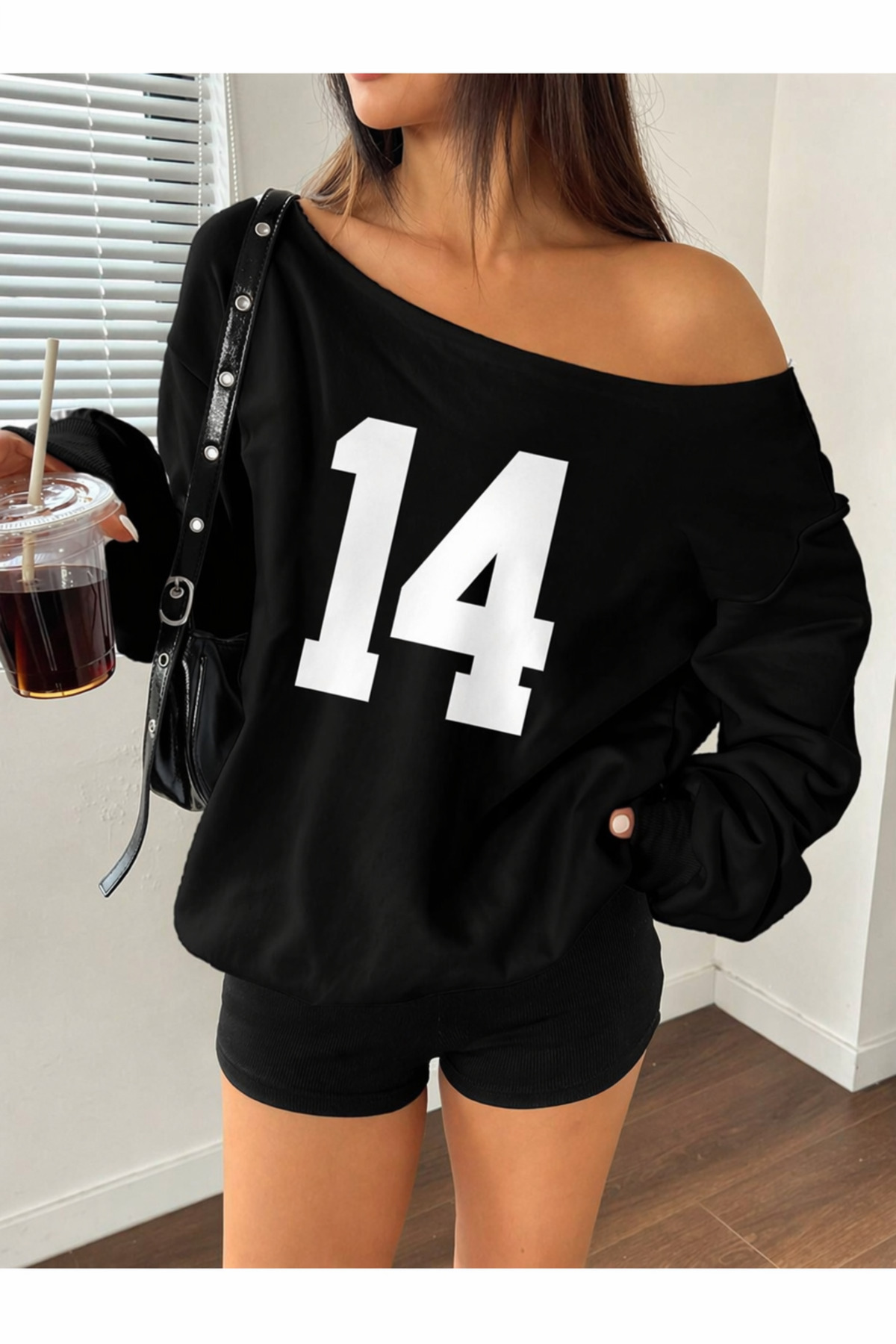 OVER HEAD  Kadın 14 Baskılı Kayık Yaka Oversize Sweatshirt - Görsel 2