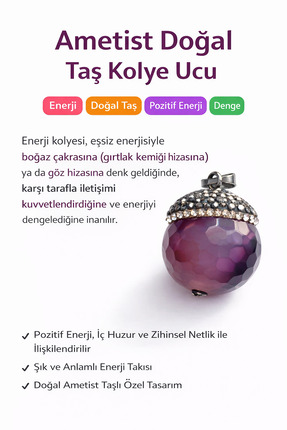 marika butik Ametist Doğal Taş Kolye Ucu Enerji Taşı Şık Tasarım Mor Kolye Ucu