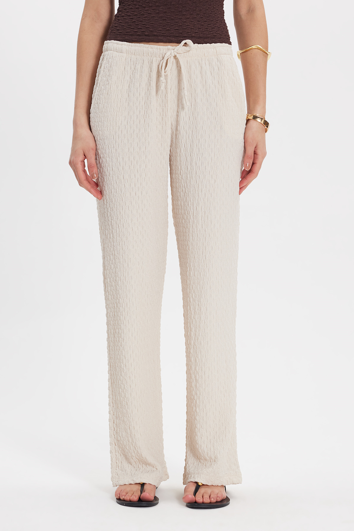 Women's Relax Fit Casual Cut Waist Lace-Up Elastic Textured Double Pocket Stone Pants