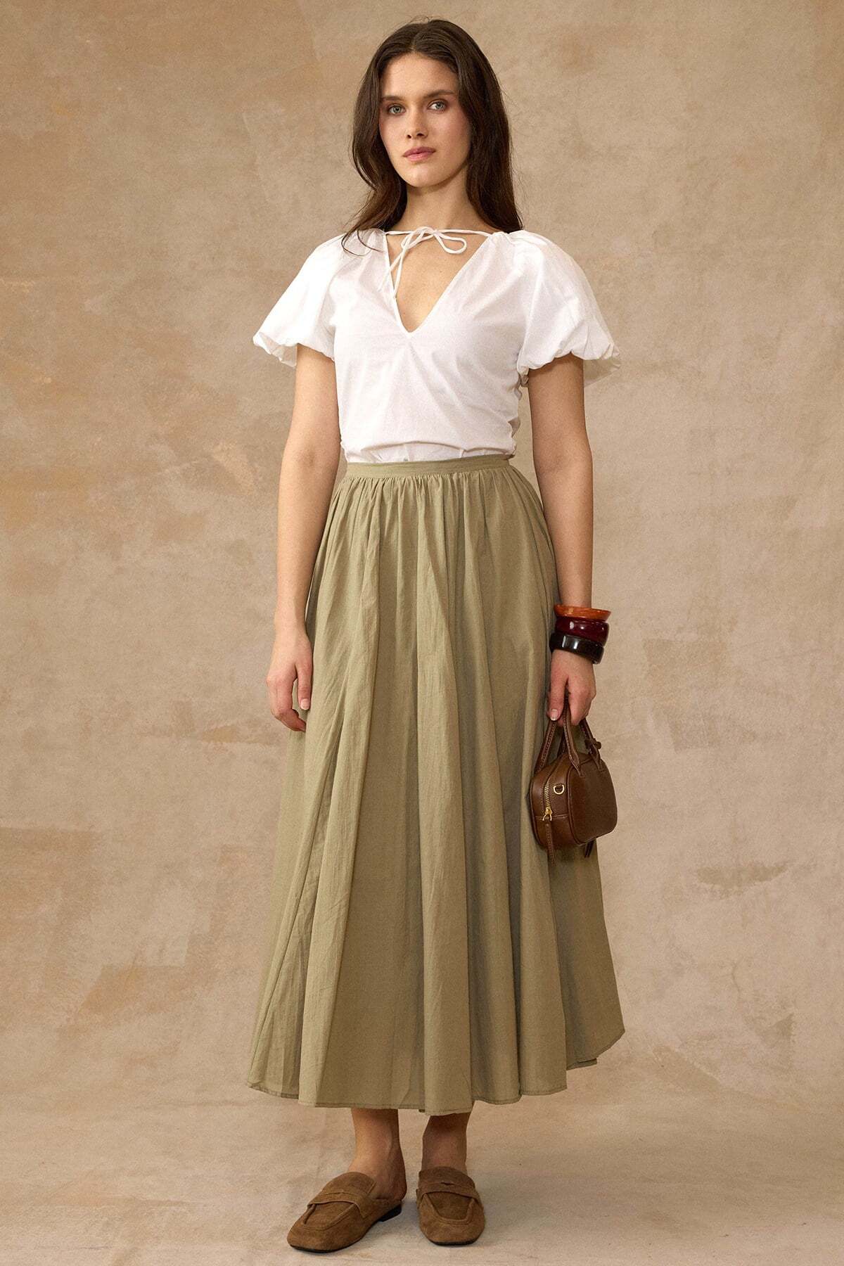 Olcay  Beli Büzgülü Poplin Kloş Etek HAKİ 7072