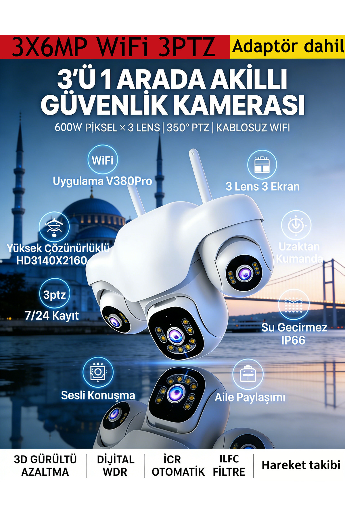 Dobest 3 Kamerali 3 PTZ 3X6MP WiFi lle Calisan Guvenlik Kamerasi Full Hd IP66 360°