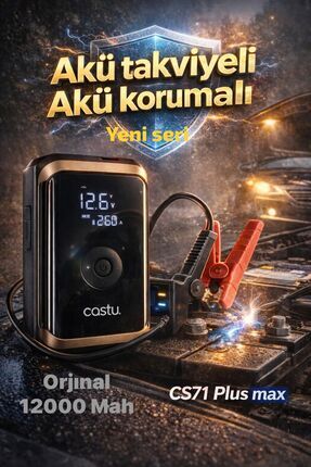 HOTSY CS71 Plus 12000mAh Akü Takviye Cihazı 4 ü 1 Arada Jump Starter Kompresö...