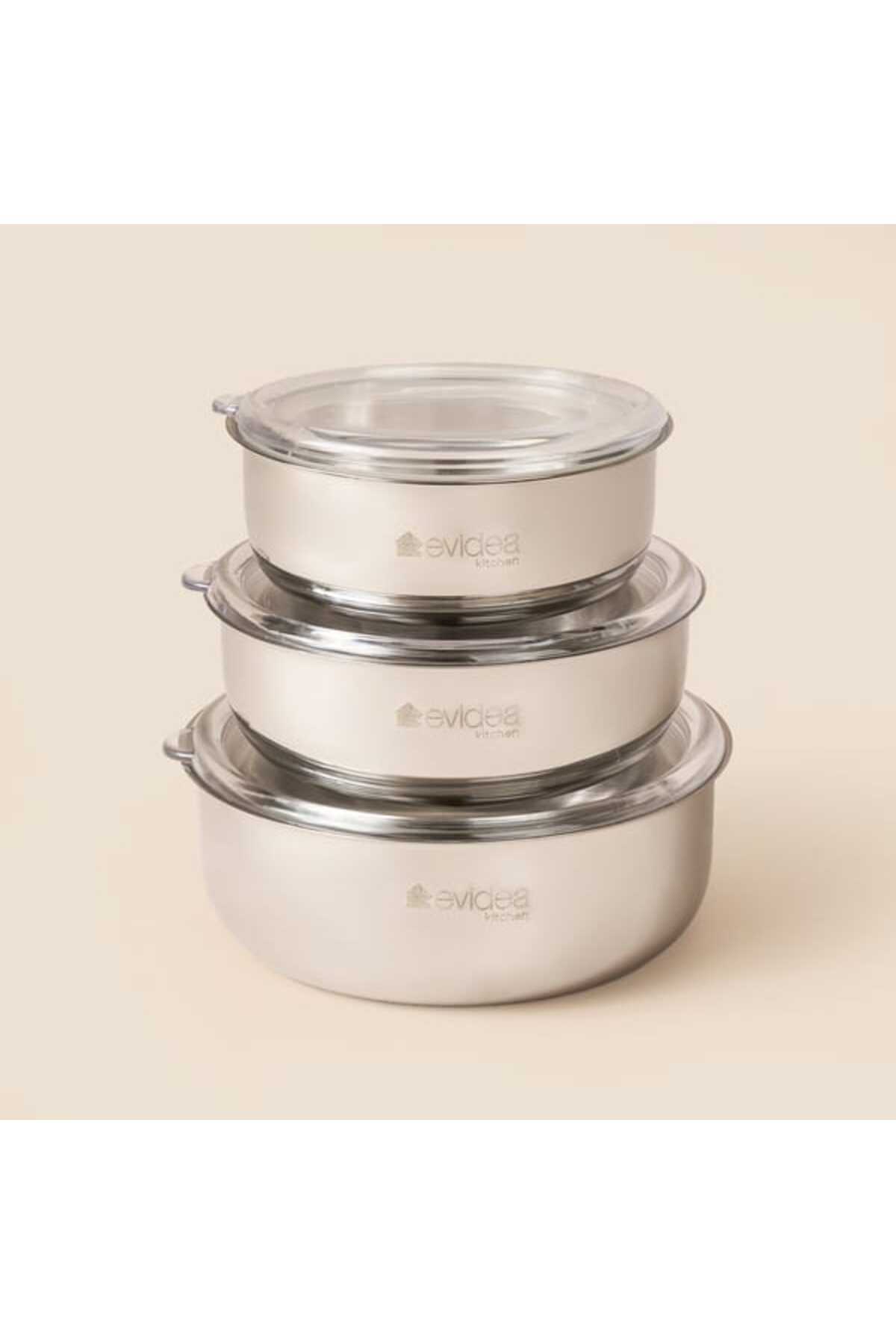 Evidea Kitchen 3'lü Çelik Saklama Kabı - Inox - 18 cm + 16 cm + 14