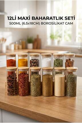 ERKUGO 12'li Vakumlu Bambu Kapaklı Cam Baharatlık Seti 500 ml - 6.5x18 cm Max...